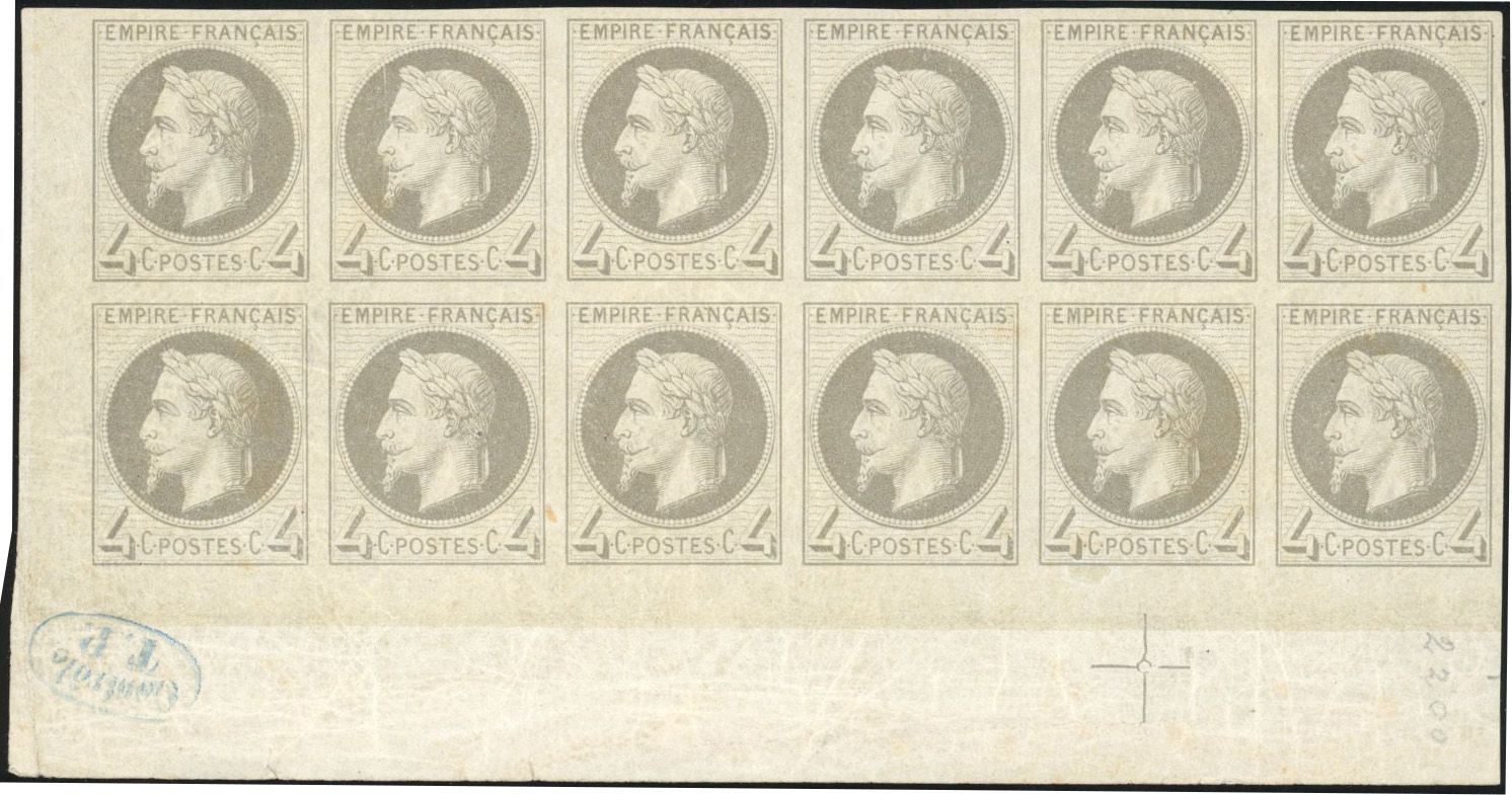 Null YT n°27Bf 帝国桂冠 1863 - 1870. 4c.灰色无孔。精美印刷的Rotschild。一套12份，包括4份*。纸张的一角有十字标记和蓝&hellip;