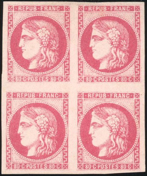 Null YT n°49 Bordeaux Issue 1870 - 1871. 80c.粉红色。一块4个。大邮票的新鲜度。2枚带铰链的邮票。非常好。评价：35&hellip;