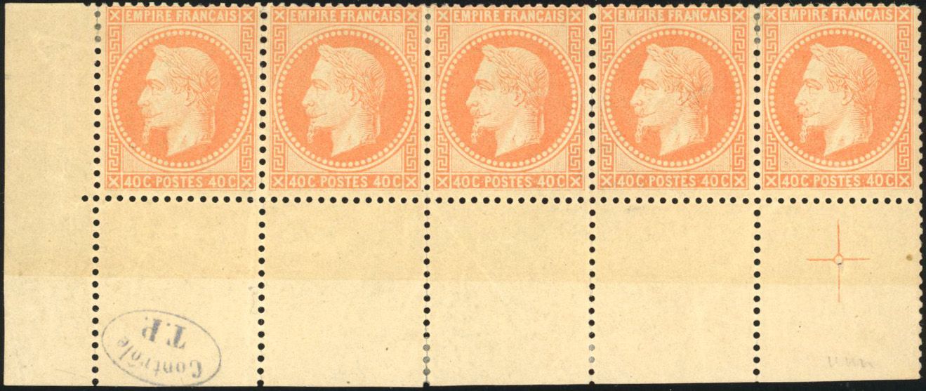 Null YT n°31 Empire laurels 1863 - 1870. 40c. Orange. Strip of 5. Corner of shee&hellip;