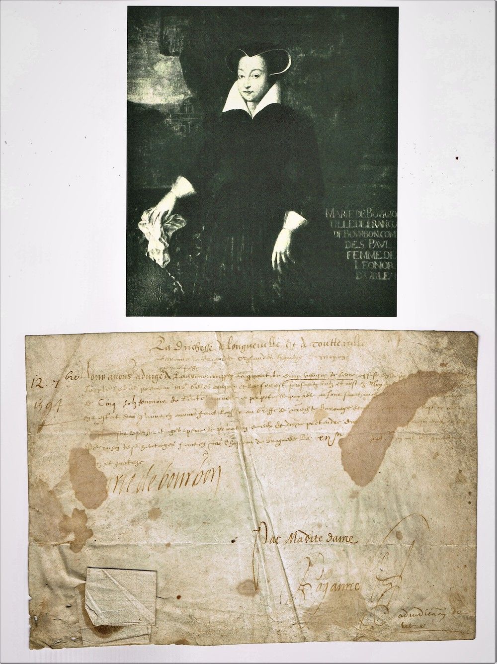 Null 2 - Marie de BOURBON de SAINT-POL 隆格维尔公爵夫人（La Fère 1539-1601）。1594年的签名文件。在羊&hellip;