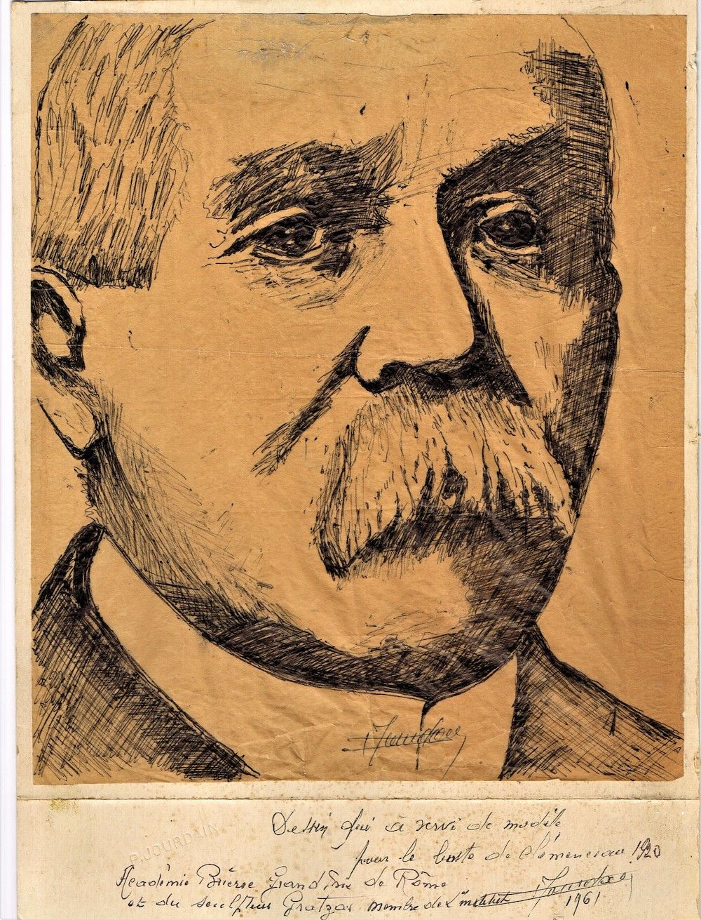 Null 41 - [乔治-克莱门索]。P. Jourdain的肖像原作：1920年作为乔治-克莱蒙梭半身像模型的预备画，描图纸上的黑色墨水（21.5 x 25&hellip;