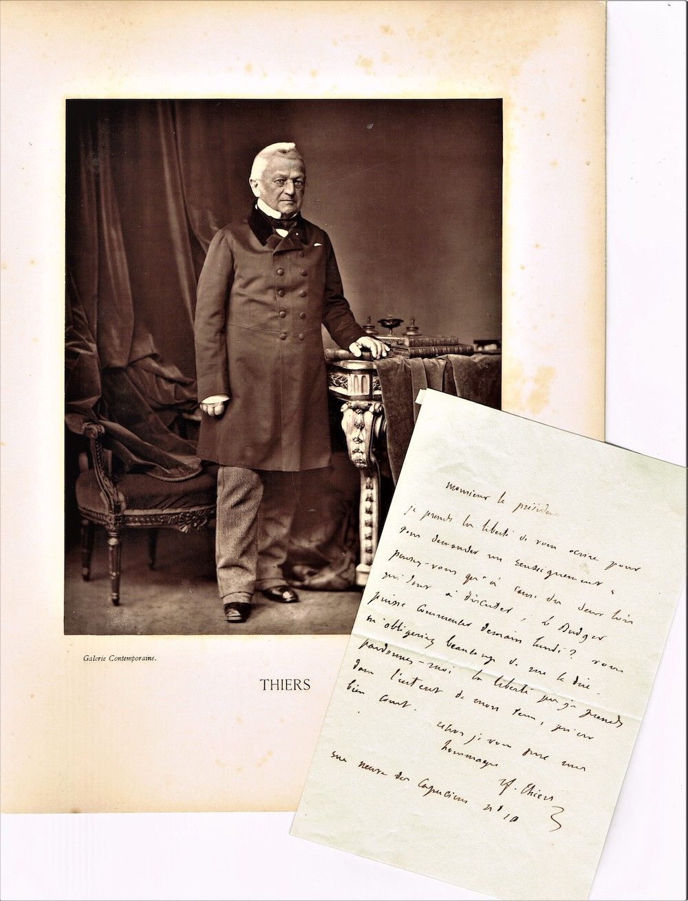 Null 24 - 阿道夫-蒂尔（1797-1877），1871年至1873年的共和国总统。签名的亲笔信和当代画廊的摄影肖像。这封信，1页8开外加地址页，是18&hellip;