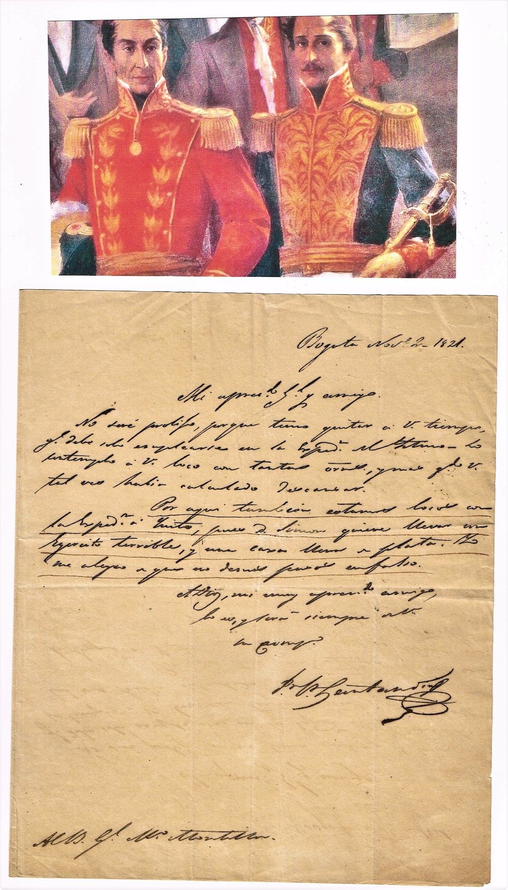Null 13 - COLOMBIA.弗朗西斯科-德保拉-桑坦德（1792-1840），独立派英雄，西蒙-玻利瓦尔（大哥伦比亚）的副总统。签署的亲笔信，波哥大，&hellip;