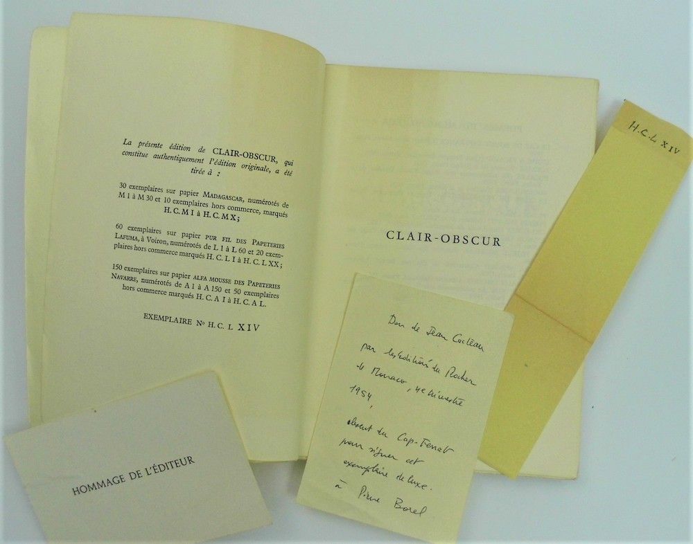 Null 99 - 让-科克托（1889-1963），诗人、绘图员、剧作家和电影制作人。"Clair obscur"，自由纸上有签名的亲笔签名。摩纳哥Roche&hellip;