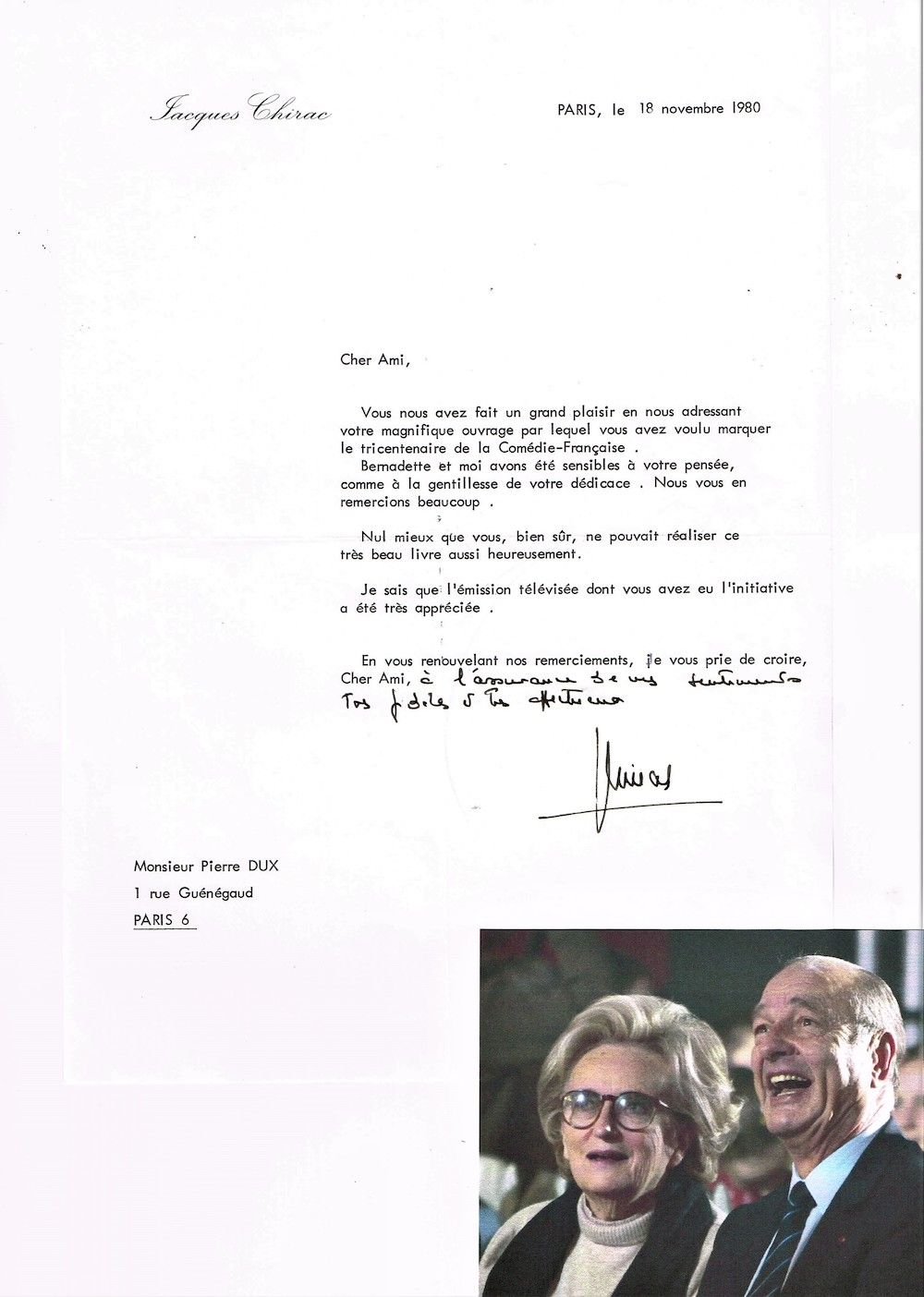 Null 75 - Jacques CHIRAC (1932-2019), Presidente de la República. Carta firmada &hellip;