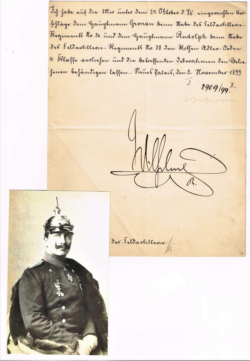 Null 34 - 普鲁士的纪尧姆二世（1859-1941），1888年至1918年普鲁士的最后一位皇帝。他的签名，1页，4页，德文，1899年11月2日提供