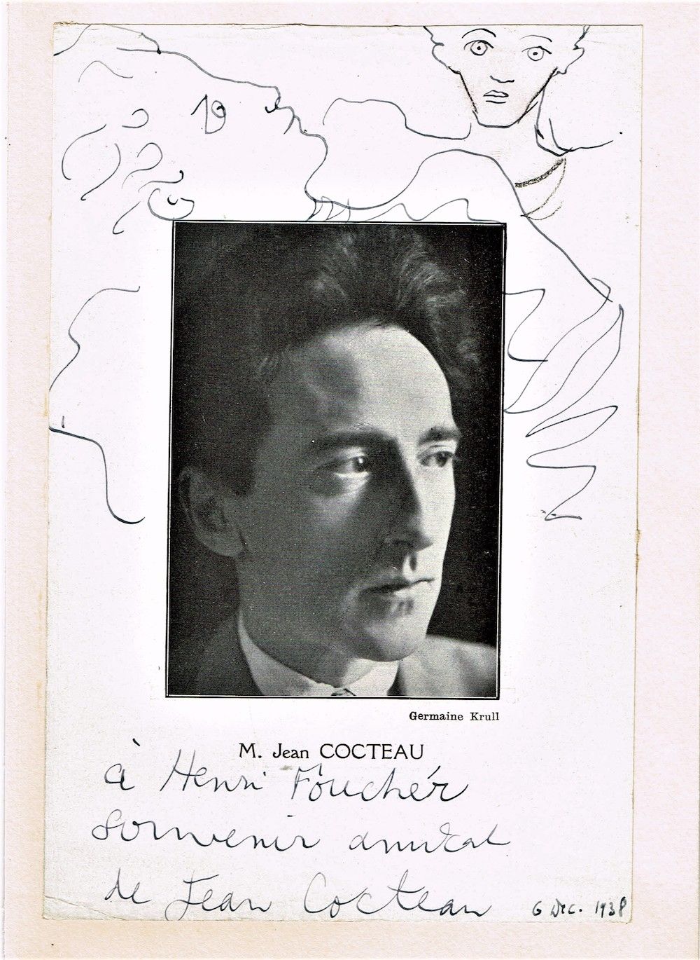 Null 96 - 让-科克托（1889-1963），诗人、绘图员、剧作家和电影制作人。1938年，由他献上并签名的节目照片，以及一张原始的亲笔画（装裱在纸上，&hellip;