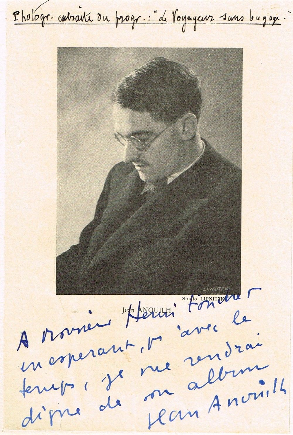 Null 79 - 让-阿努伊尔（1910-1987），剧作家。节目照片，由他奉献并签名[1937]（装裱在平板纸上，15 x 22厘米
