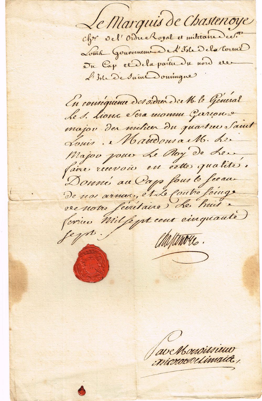 Null 8 - 海龟岛（加勒比海）。总督阿奇尔-卡斯特诺伊侯爵（1703-1787）。由他亲笔签名的提名，1页大的4开本，手写的抬头是 "圣路易皇家和军事骑士&hellip;