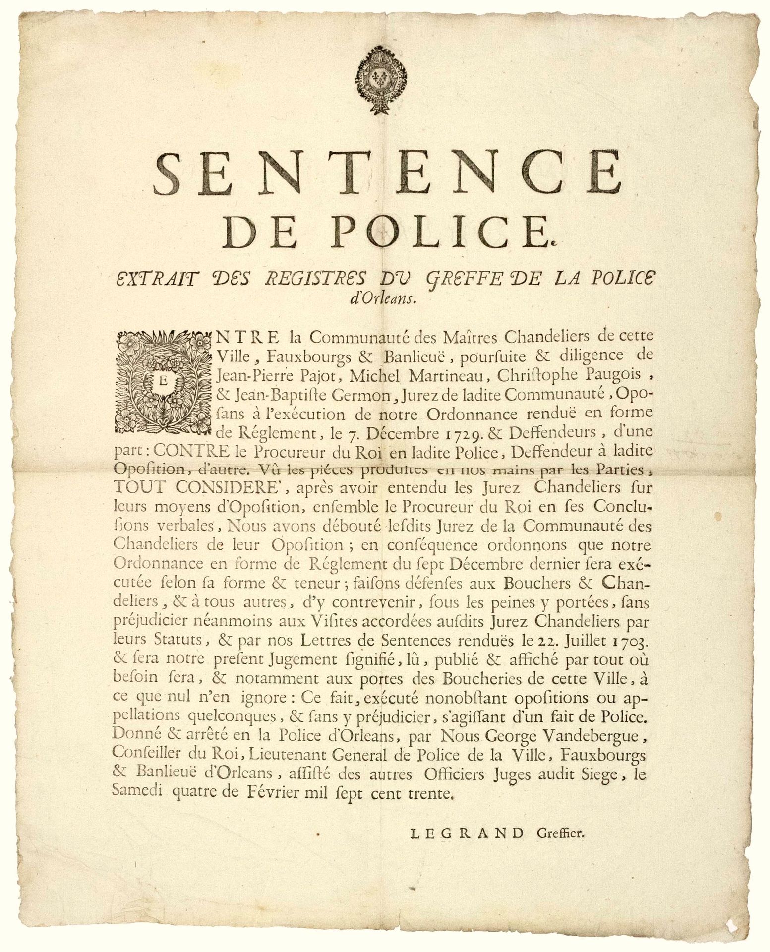 Null LOIRET. 1730. MASTER CANDLESTEADERS OF ORLEANS (45) - Sentence of Police, g&hellip;