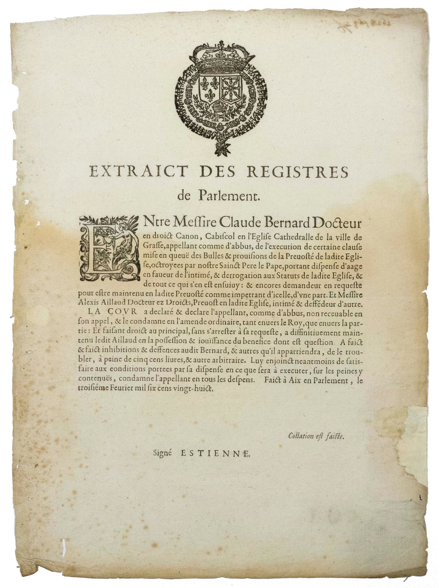 Null GRASSE（06）。1628.省议会。1628年2月3日，议会在AIX（13）中所作的登记摘录。"Claude BERNARD先生与GRASSE市大&hellip;