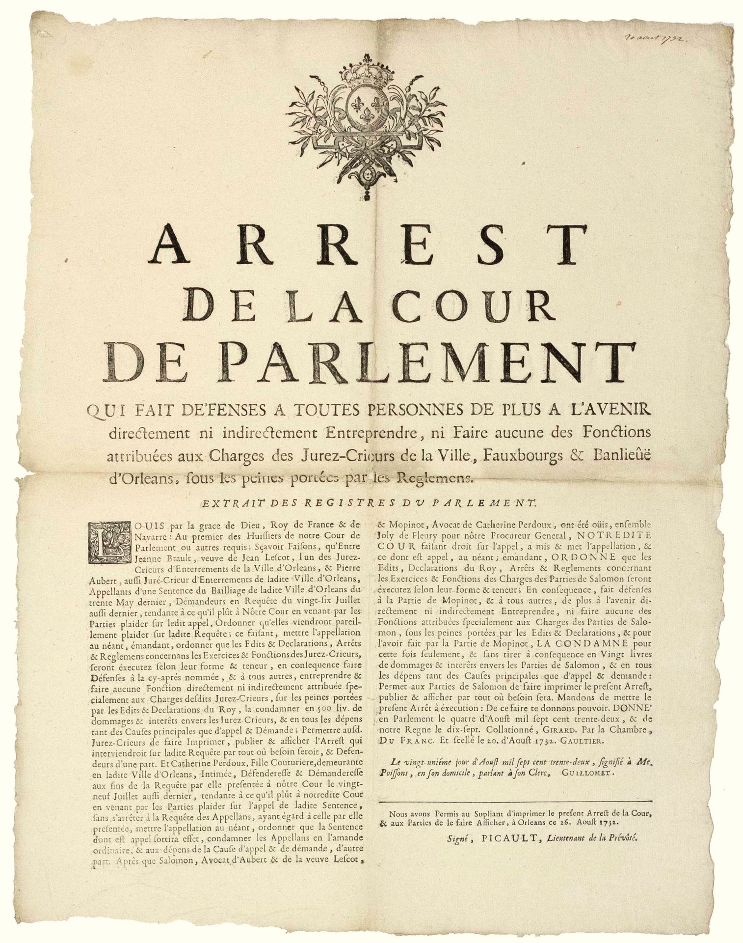 Null 1732. ORLÉANS (45). GIURATI-CRIEURS. "Arresto della Corte del Parlamento ch&hellip;