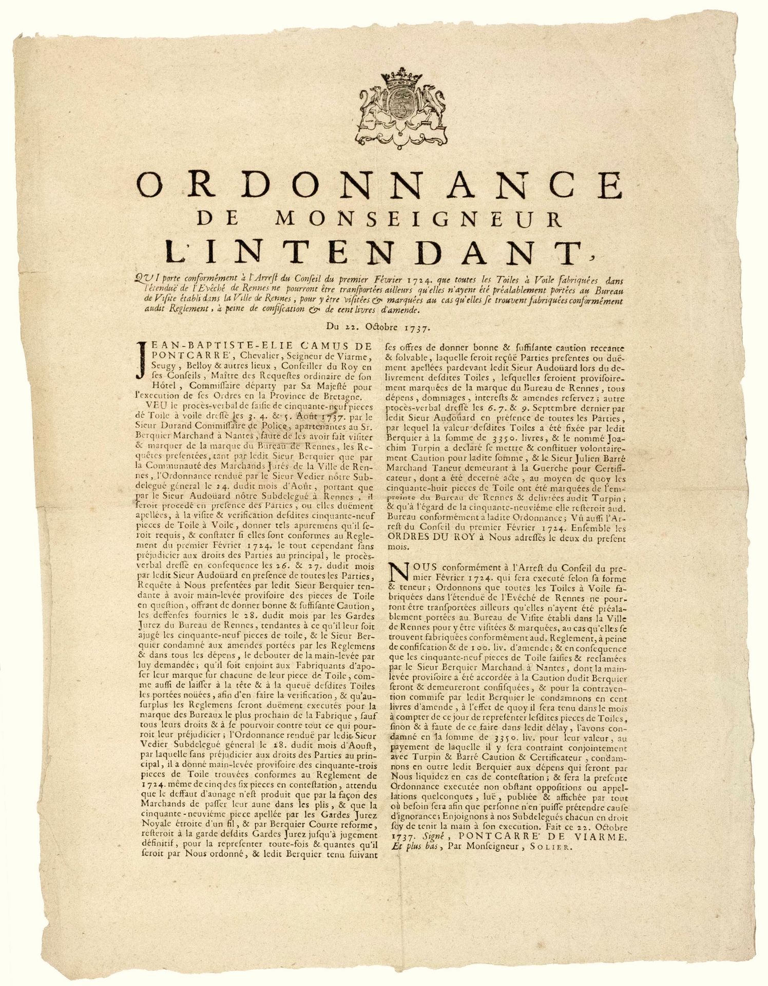 Null 1737. BRITAIN. CLOTHS WITH SAILS OF RENNES (35). "Ordinance of Monseigneur &hellip;