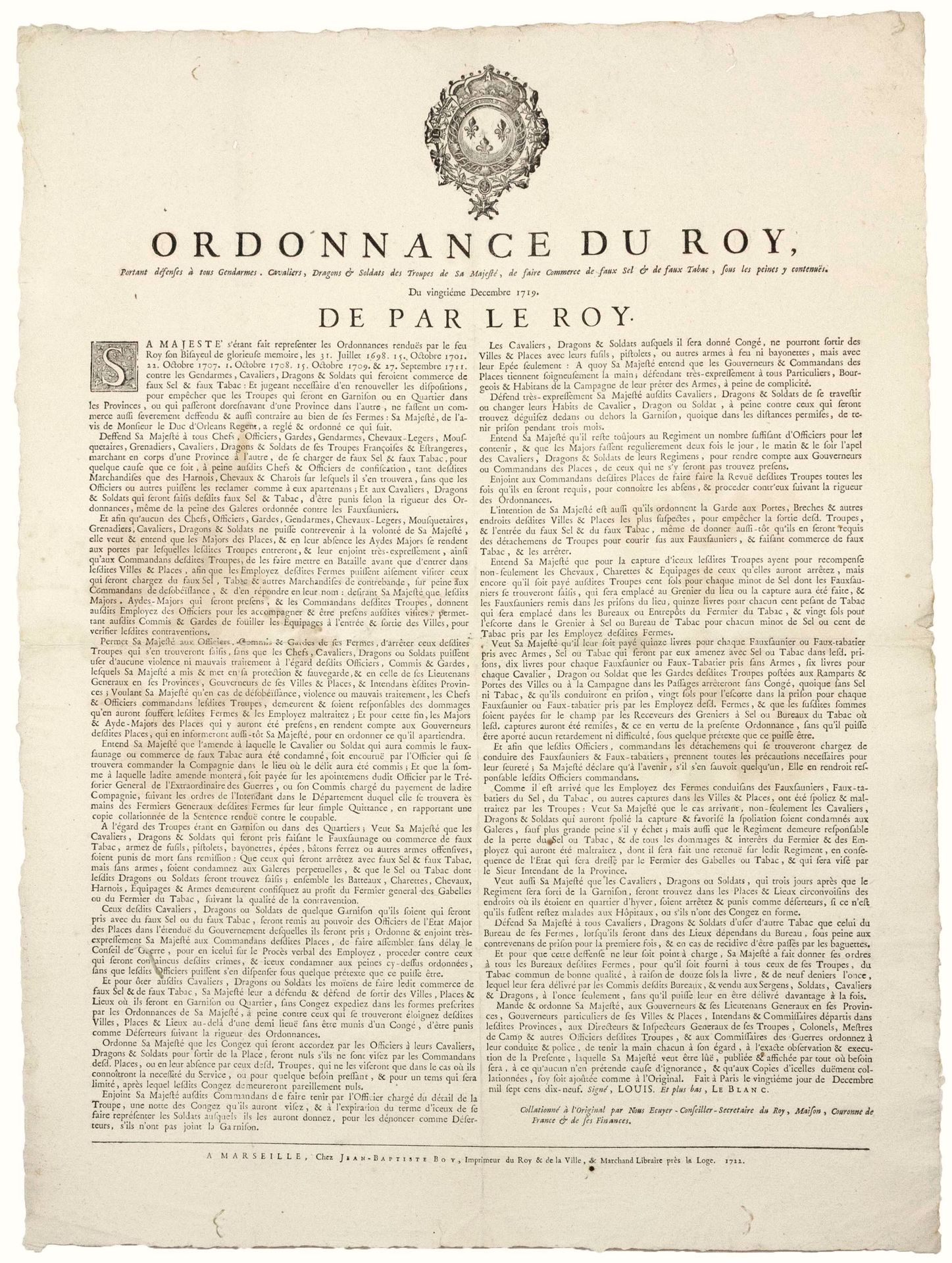 Null PROVENCE. 1719. FAUX SEL & FAUX TABAC de CONTREBANDE. « Ordonnance du Roy p&hellip;