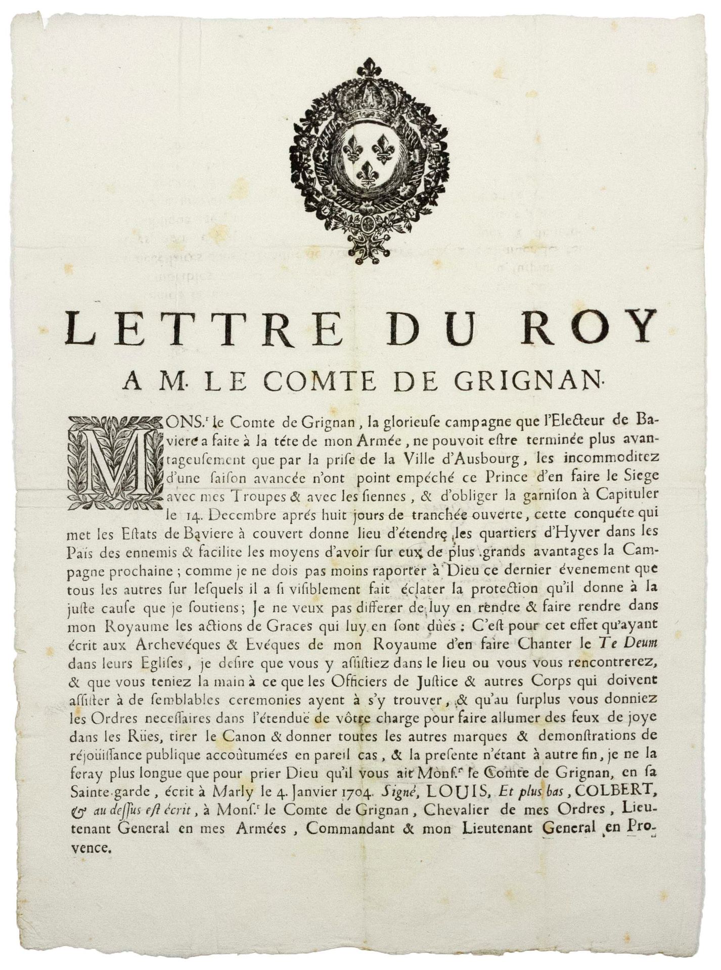 Null 1704.攻占AUGSBURG（巴伐利亚）。"皇家来信，致格里尼昂伯爵先生。"中将，普罗旺斯指挥官（页眉，图案和信笺）--"格里尼昂伯爵先生，巴维尔选&hellip;