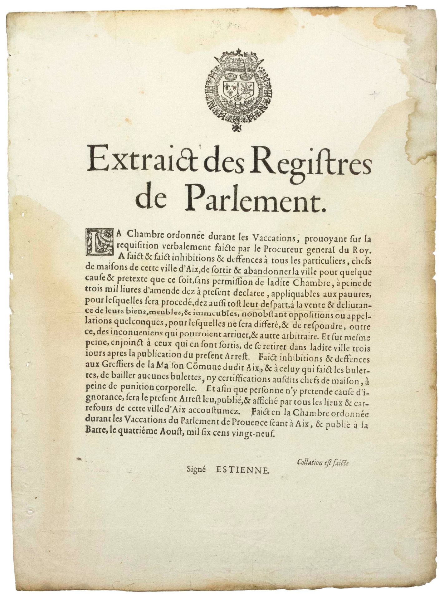 Null (LA PESTE D’AIX EN PROVENCE) 1629. « Extrait du registres de Parlement. La &hellip;