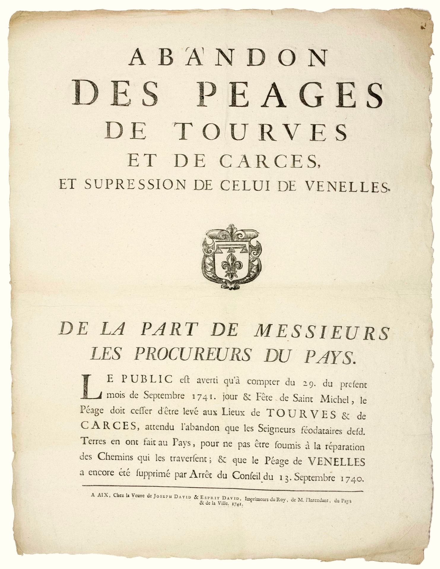 Null PROVENZA. 1741. Abbandono delle PAGINE FEDERALI di VENELLES (13), TOURVES (&hellip;