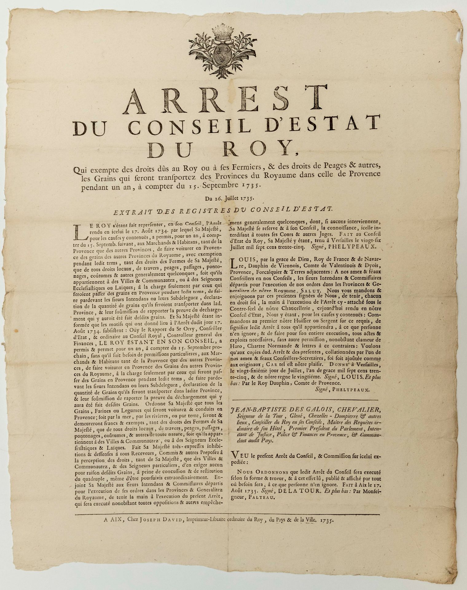 Null PROVENCE. DROITS DE PÉAGES DES GRAINS. 1735. « Arrêt du Conseil d’Etat du R&hellip;