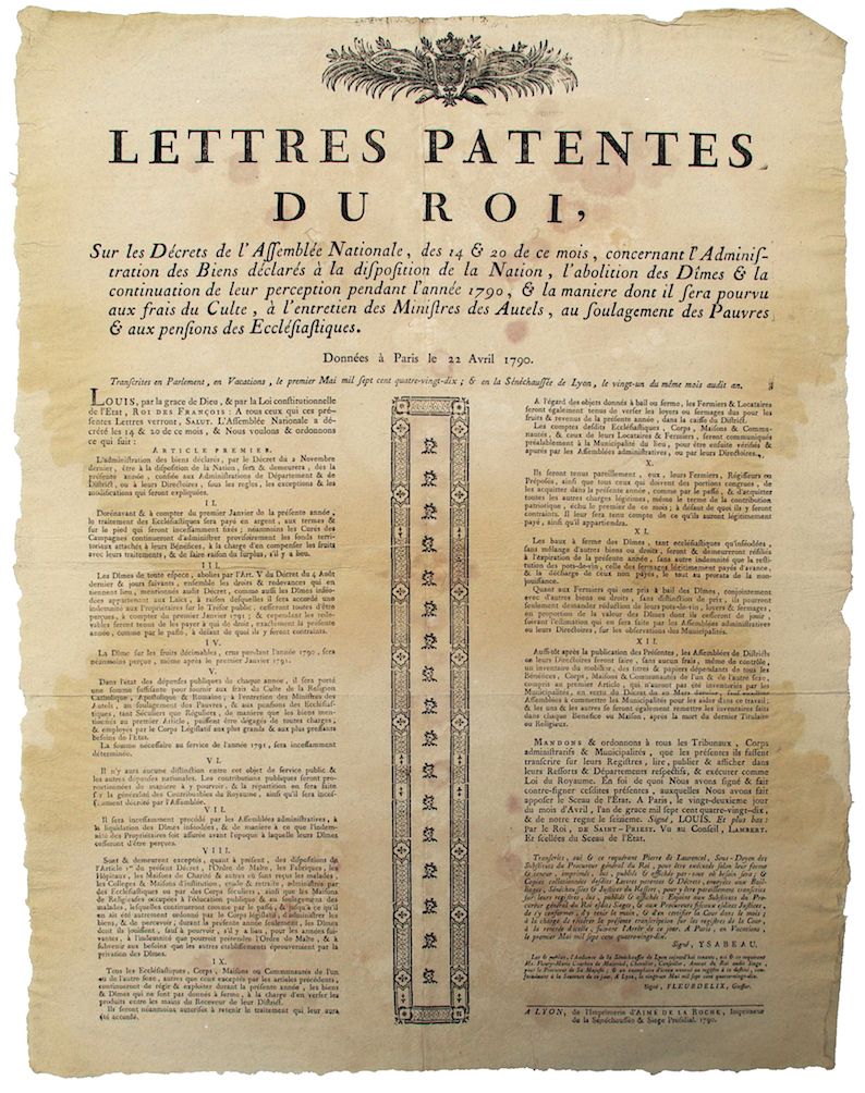 Null RHÔNE. 1790. ABOLITION DES DÎMES & FRAIS DU CULTE. « Lettres patentes du Ro&hellip;