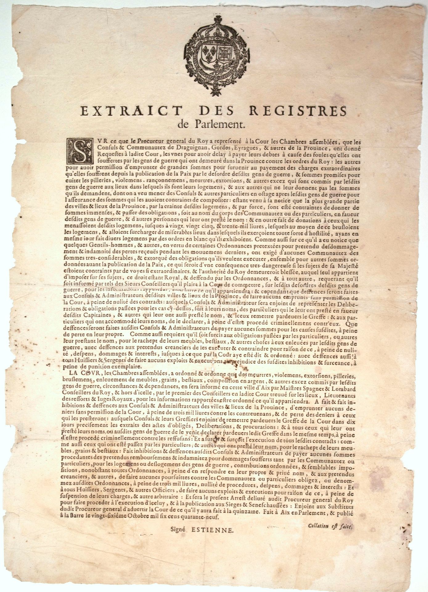 Null PROVENCE. 1649. Extrait des Registres du Parlement de PROVENCE. « …Les Cons&hellip;