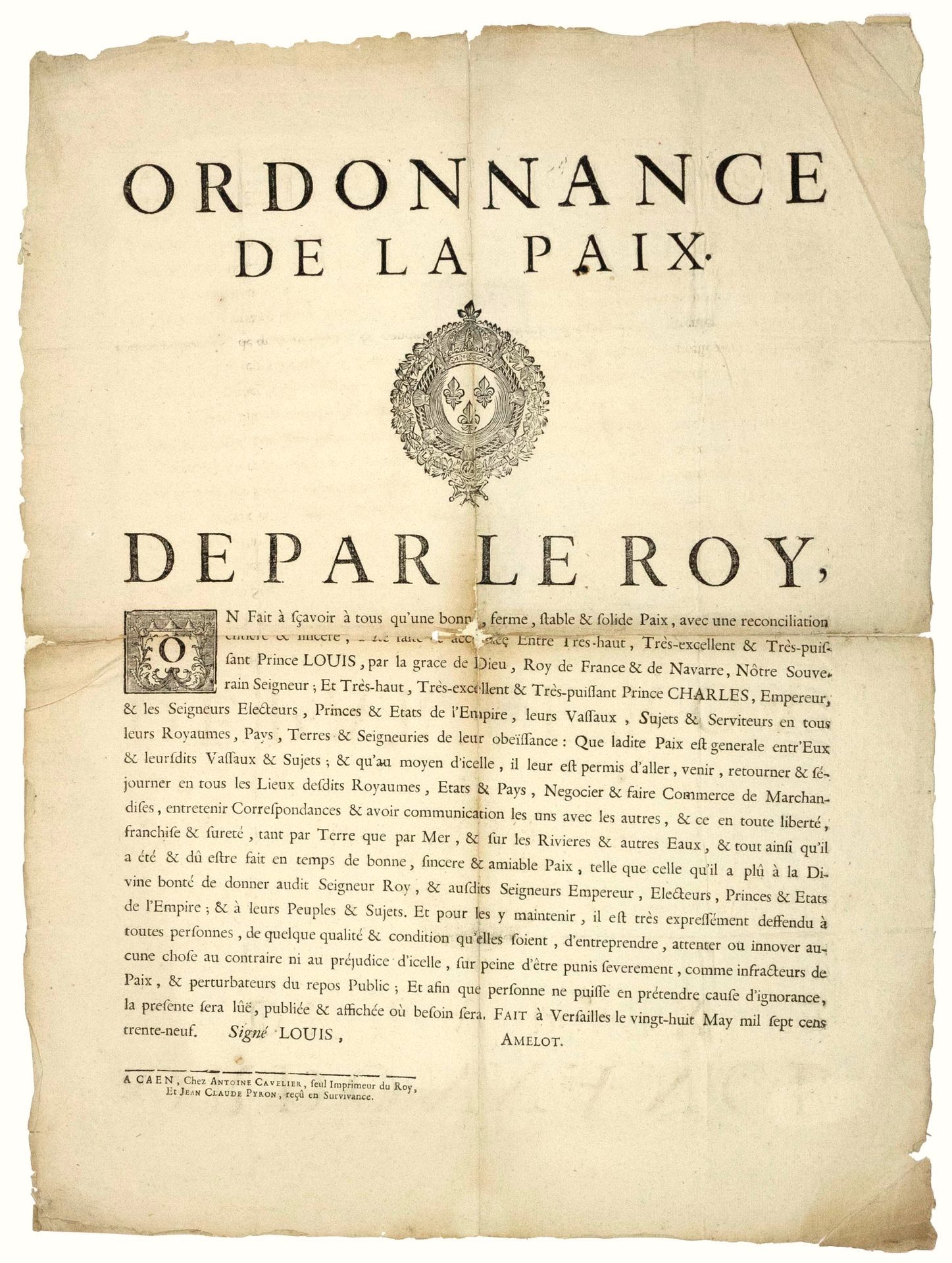 Null 1739. CAEN (14). "ORDINANCE OF PEACE" between LOUIS XV and Emperor CHARLES &hellip;