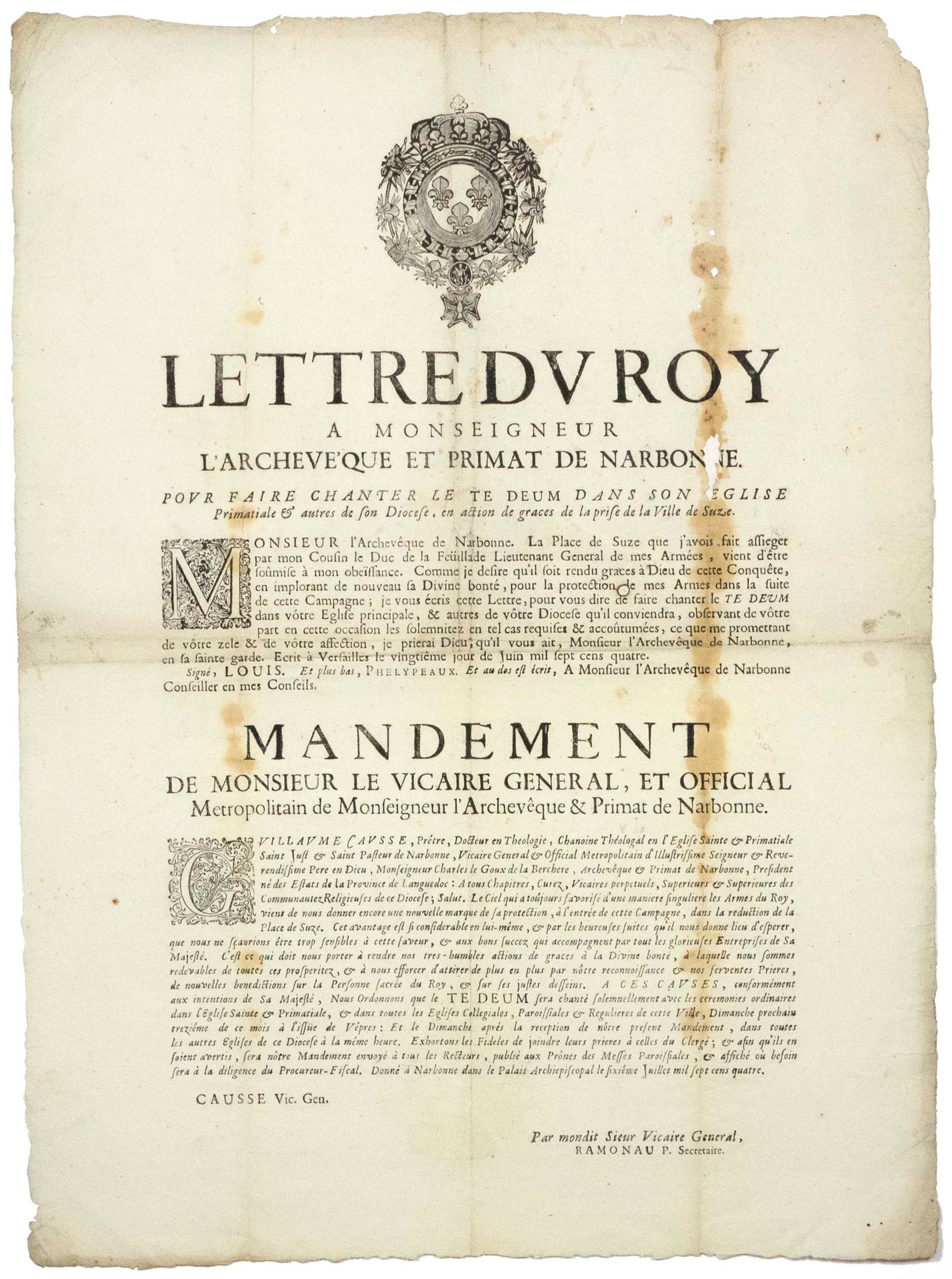 Null 1704. Archevêché de NARBONNE (Aude). PRISE DE LA VILLE DE SUZE – LETTRE DU &hellip;