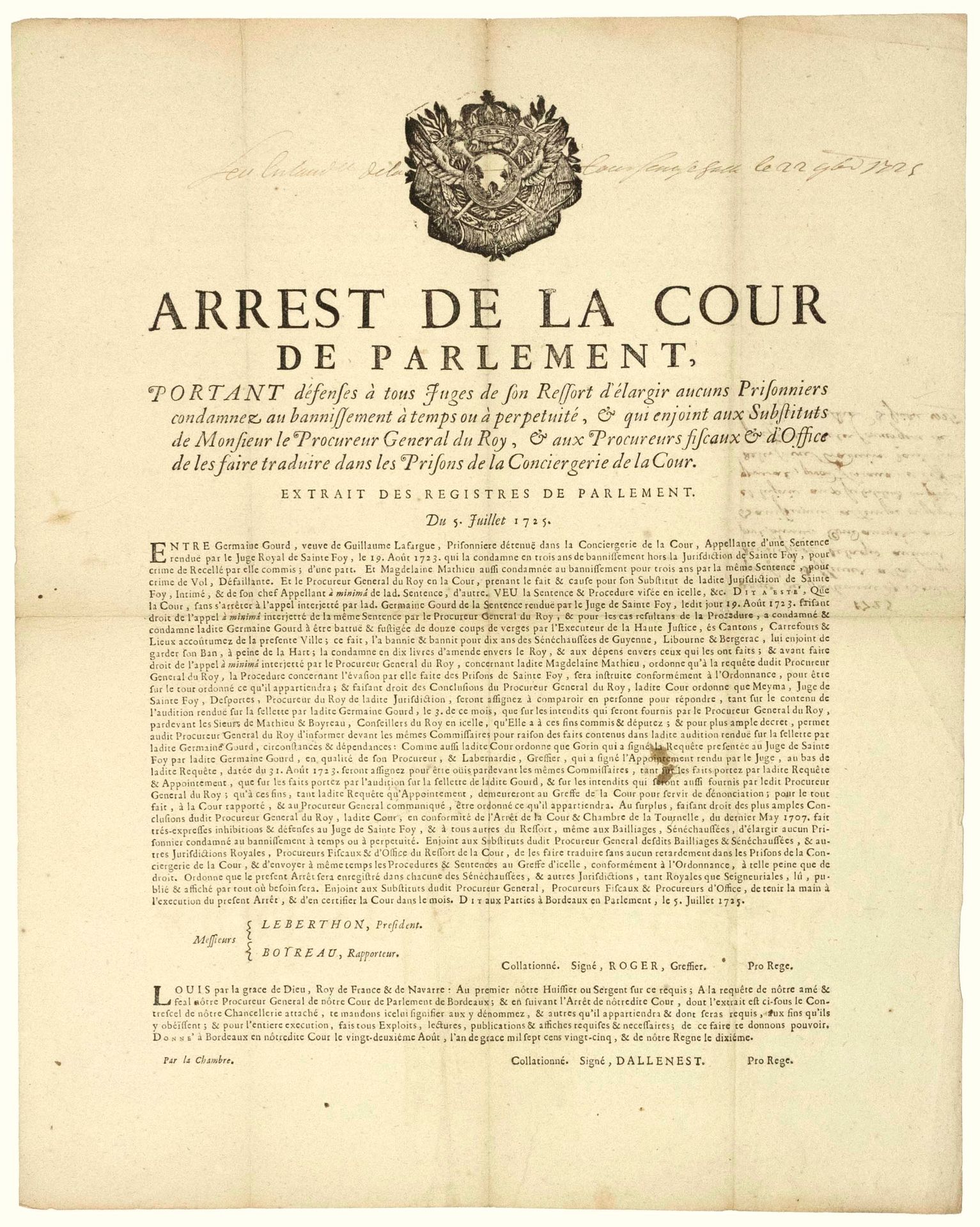 Null GIRONDE。1725.圣弗伊的监狱。BORDEAUX的议会。1725年7月5日的 "议会法院逮捕令，禁止其管辖范围内的所有法官释放（释放）任何被判&hellip;