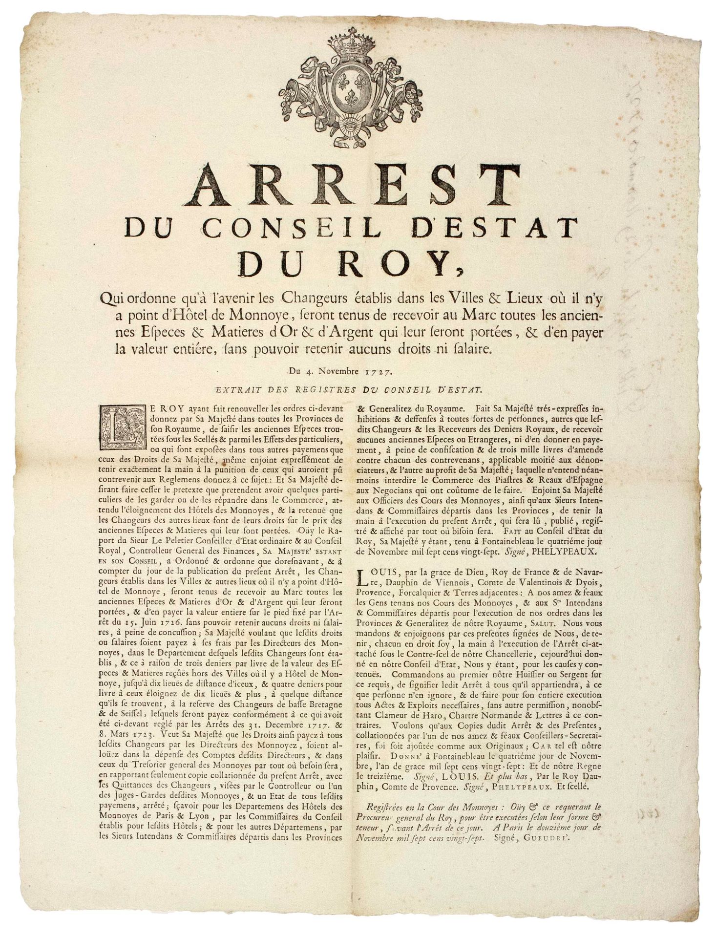 Null PARIS. 1727. EXCHANGE OF COINS & GOLD & SILVER MATERIALS. "Arrest du Consei&hellip;