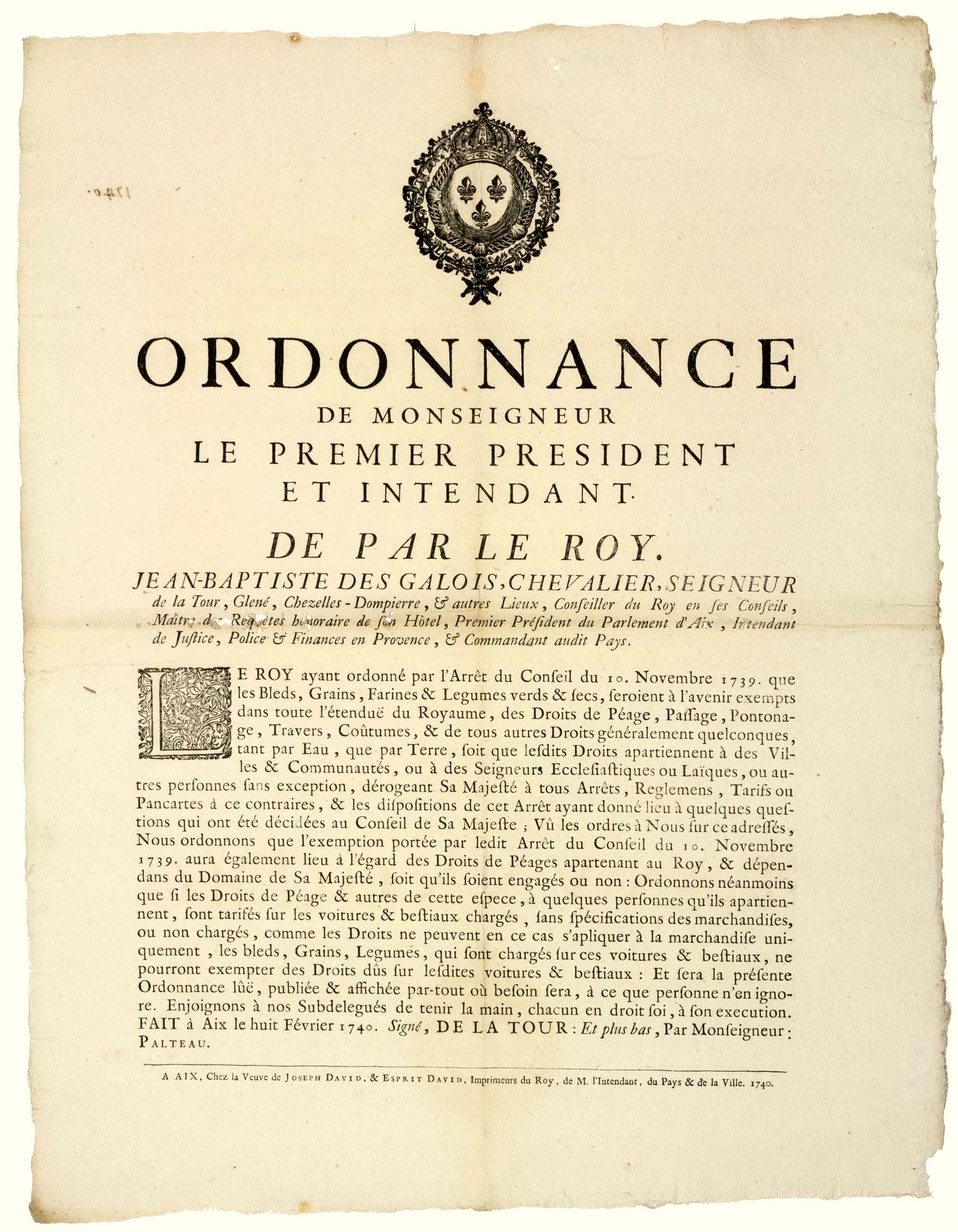 Null 1740. PARLEMENT D’AIX EN PROVENCE (13). DROITS DE PÉAGE SUR LES GRAINS & LÉ&hellip;