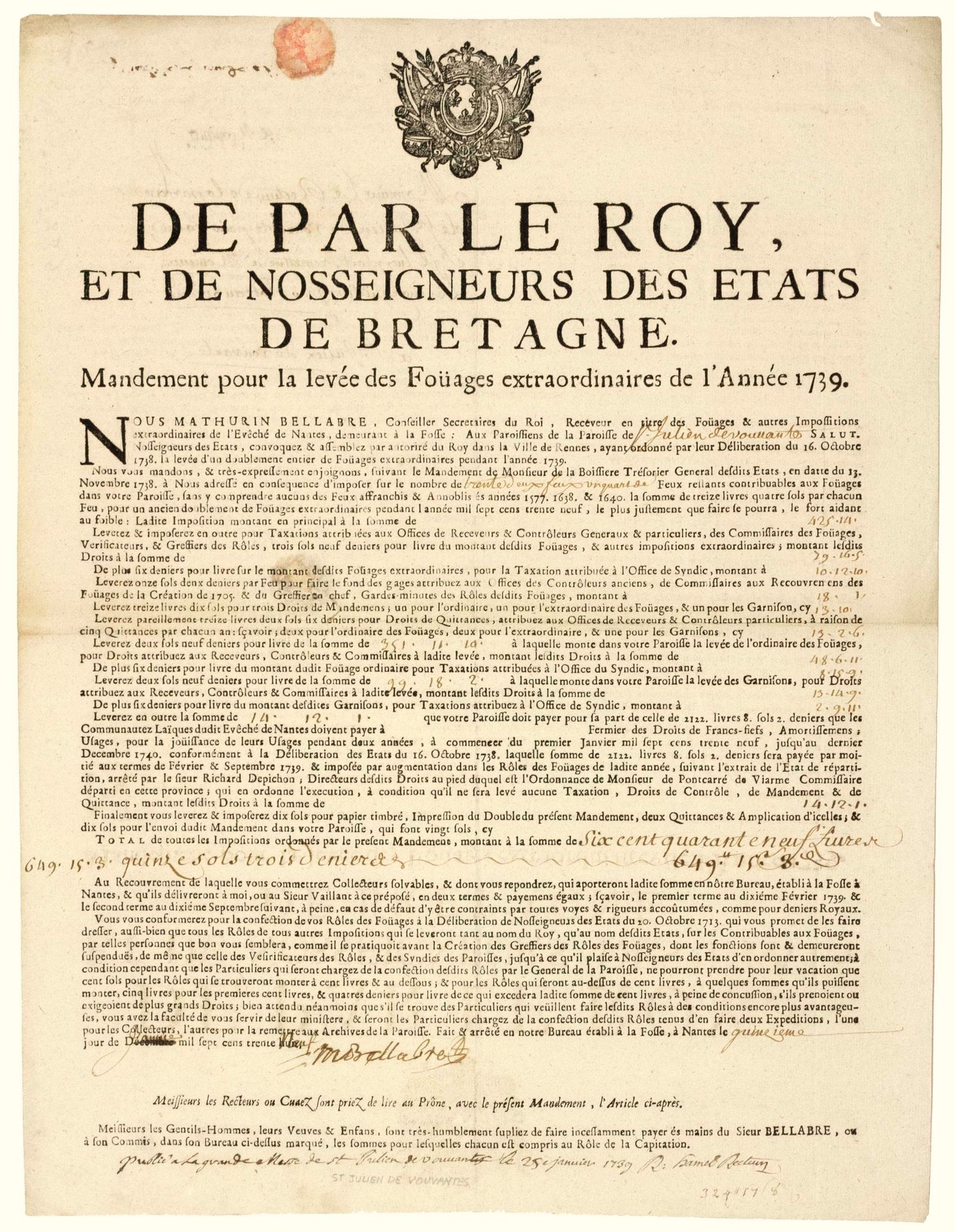 Null BRETAGNE. NANTES (44). 1739. FEUX AFFRANCHIS & ANOBLIS : « De par le Roy, e&hellip;