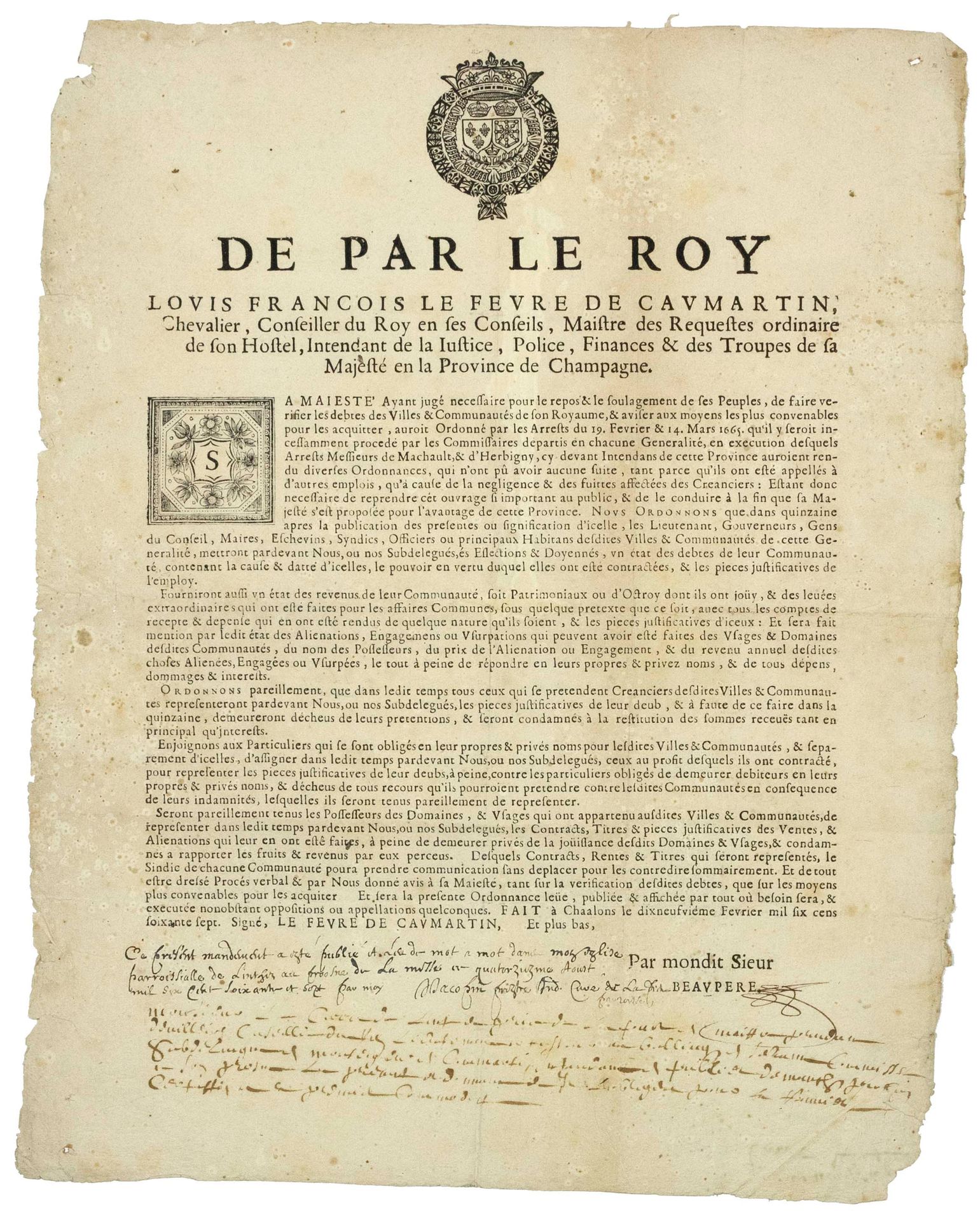 Null CHAMPAGNE. 1667. DEBITI DELLE CITTÀ. Ordine di "Louis François De CAUMARTIN&hellip;