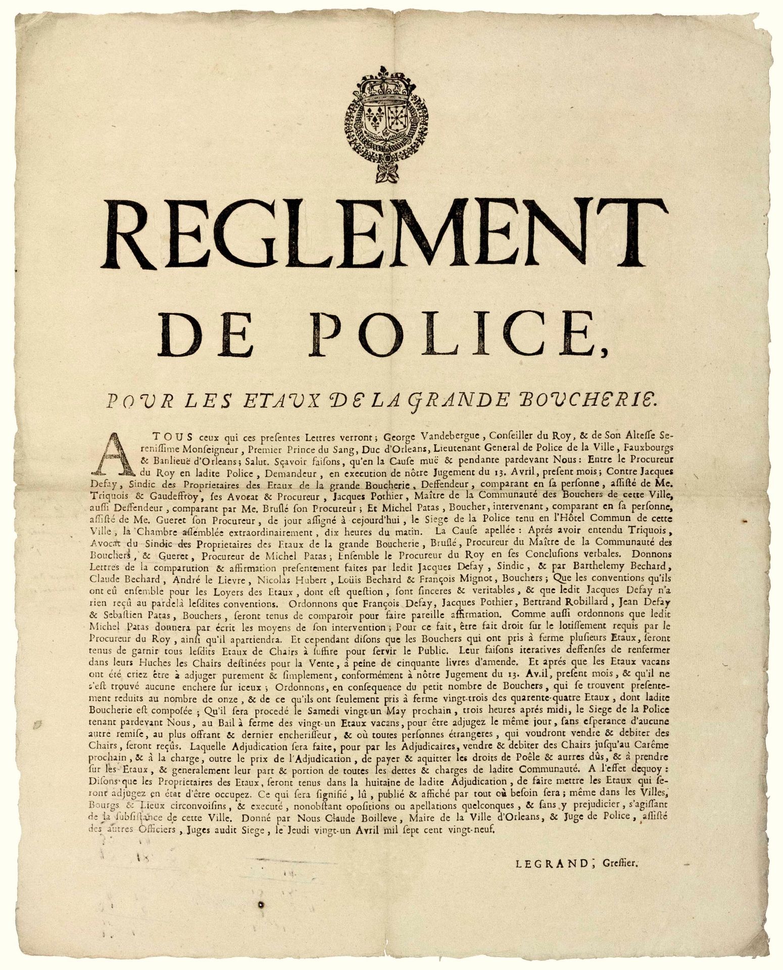 Null ORLÉANS (Loiret). 1729. "POLICE REGULATIONS FOR THE VICES OF THE GREAT BUTC&hellip;