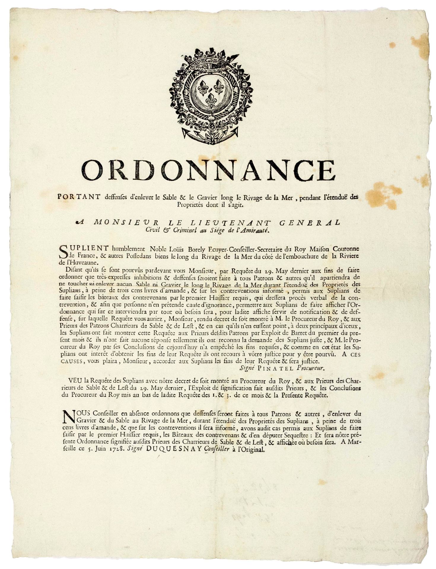 Null ADMIRALTY OF MARSEILLE (13). 1728. "Ordinance bearing prohibitions to remov&hellip;