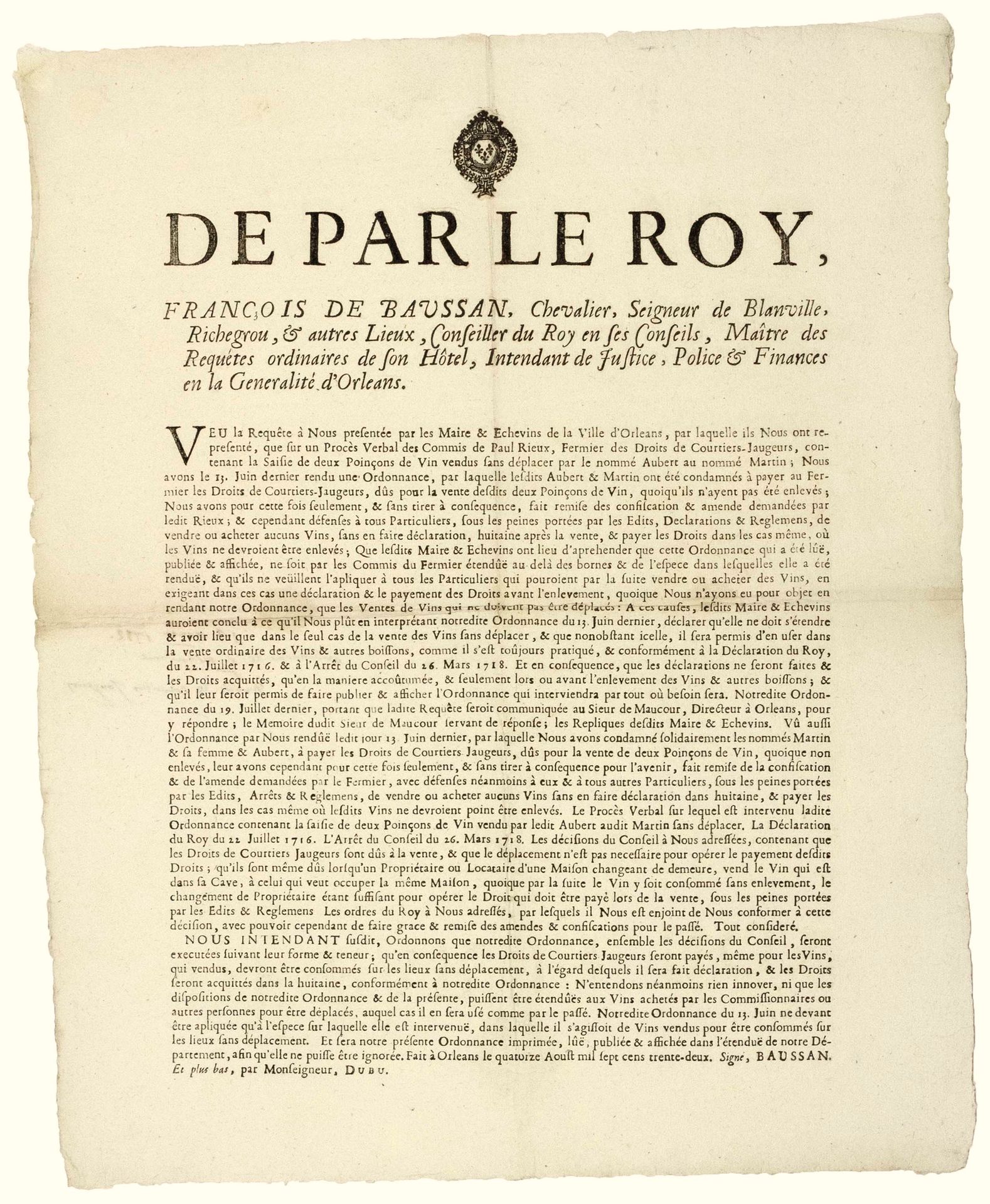 Null 1732. GÉNÉRALITÉ D’ORLÉANS (45). DROITS SUR LES VINS . “De par le ROY, Fran&hellip;