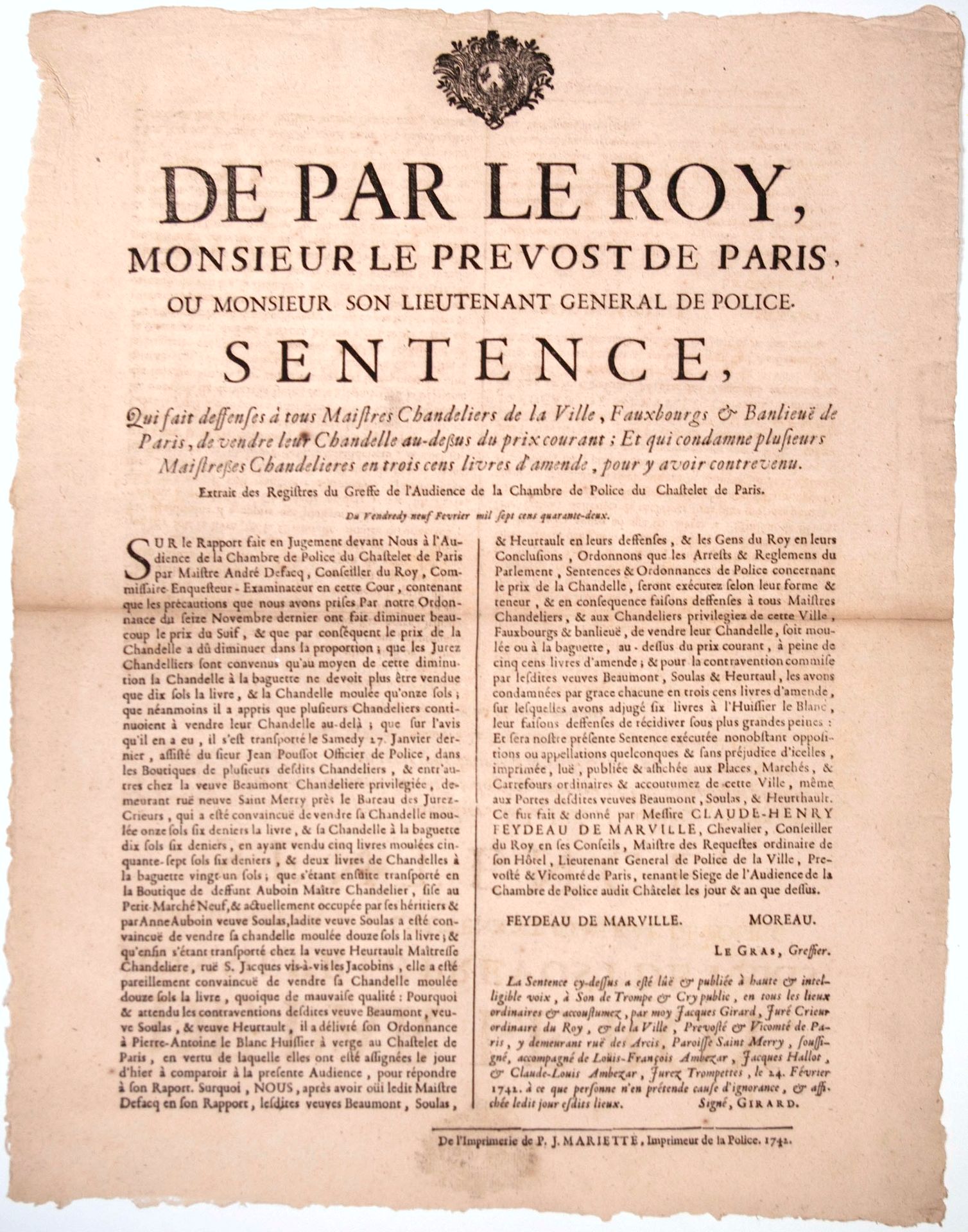 Null PARIS. 1742. CORPORATION DES CHANDELIERS. « De par le Roy, Mr le Prévôt de &hellip;