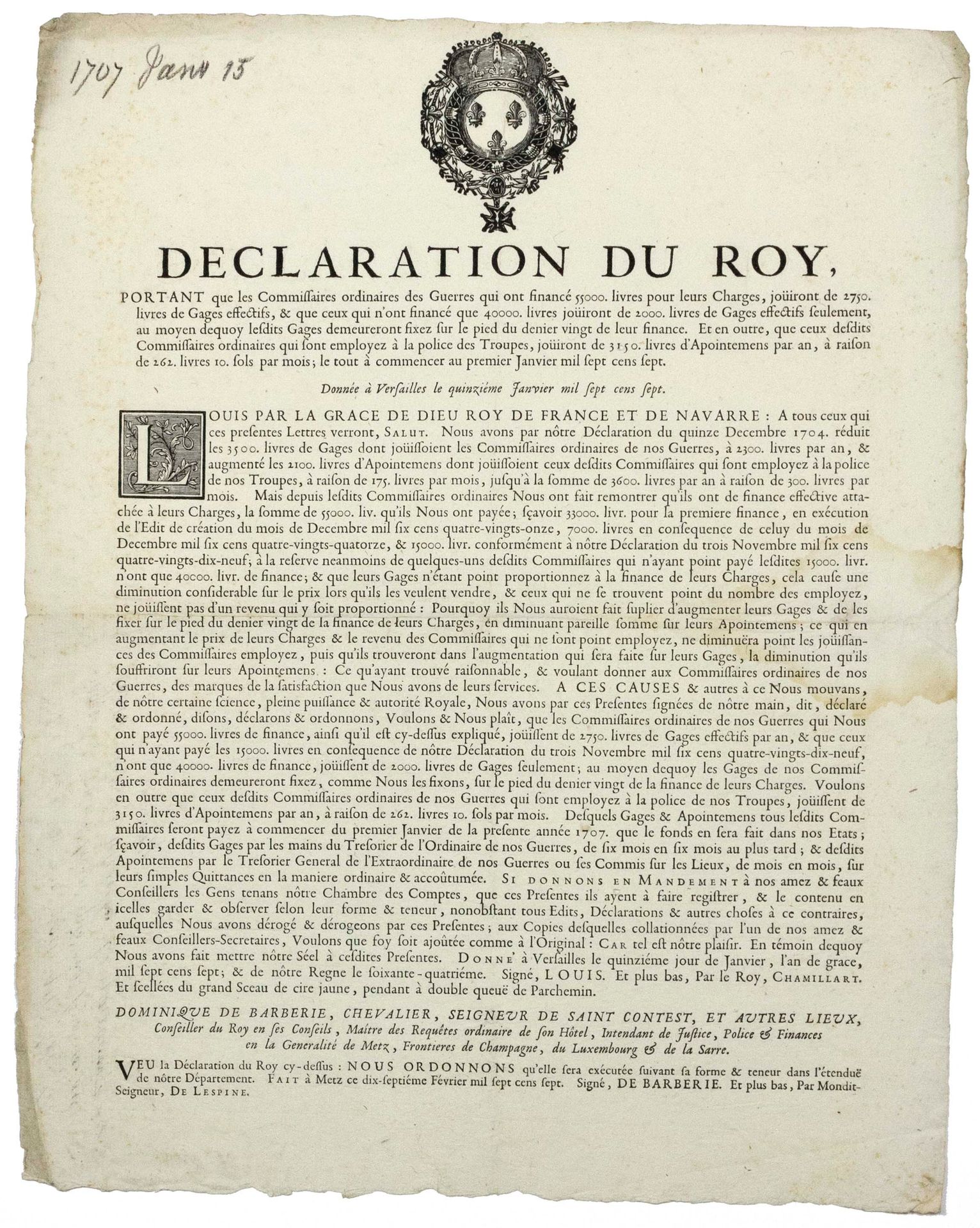 Null 1707.梅兹（57）。国王路易十四于1707年1月15日在维尔萨耶发表的声明，随后是多米尼克-德-巴尔贝里骑士的命令，他是圣康提斯的领主，梅兹将军的&hellip;