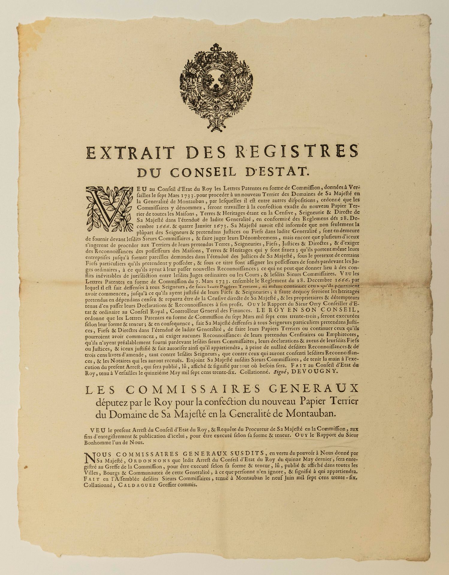 Null 蒙托邦将军的新梗，1736年。以委托书的形式授予专利权，以着手制作蒙托邦陛下领地的新纸张TERRIER。1736年5月15日在凡尔赛制作的国务委员会登&hellip;