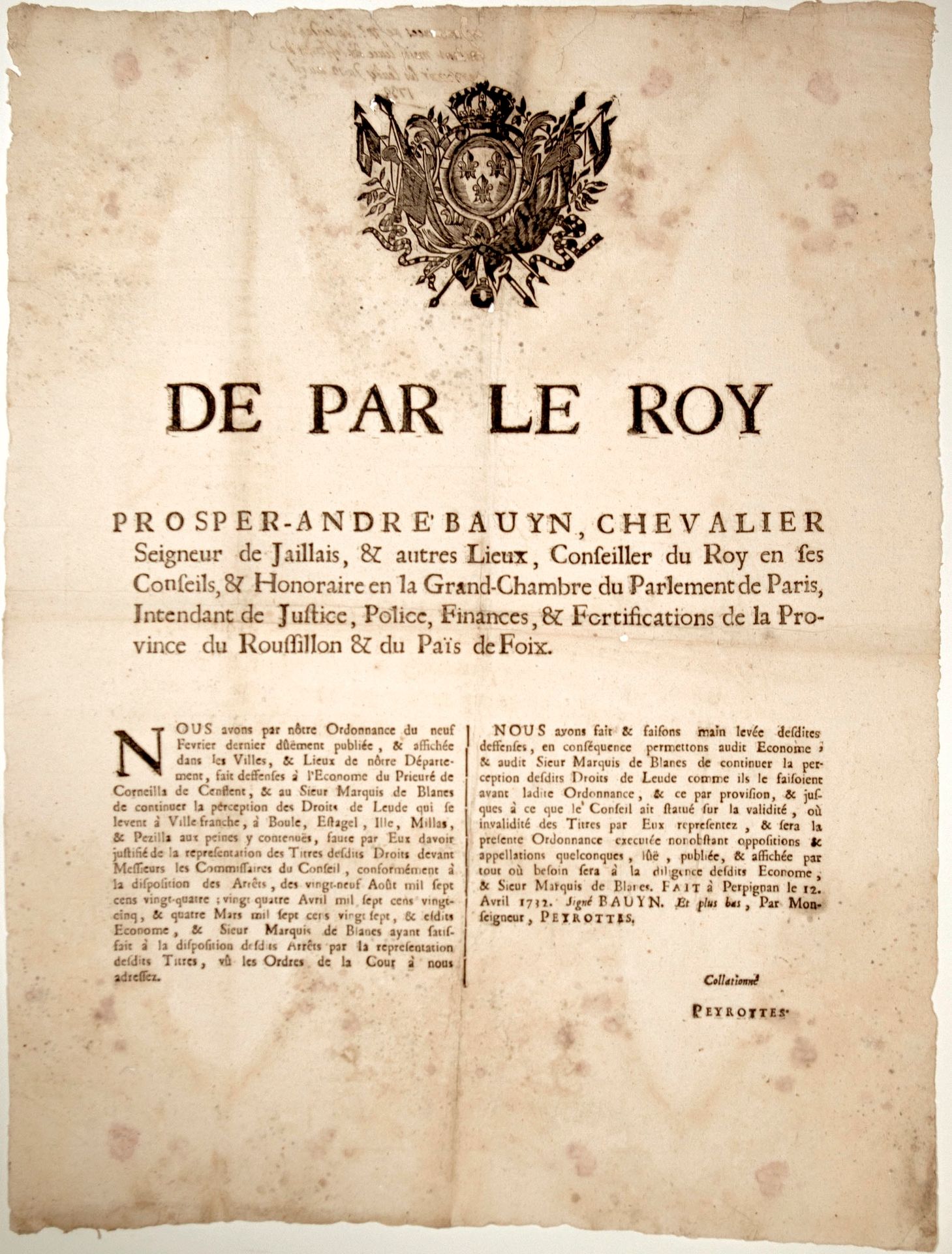 Null 鲁西莱和福克斯地区。1732年："普罗斯珀-安德烈-鲍恩（Prosper-André BAUYN），贾尔莱的领主。鲁西荣省和富瓦省的省长"。- 解除对&hellip;