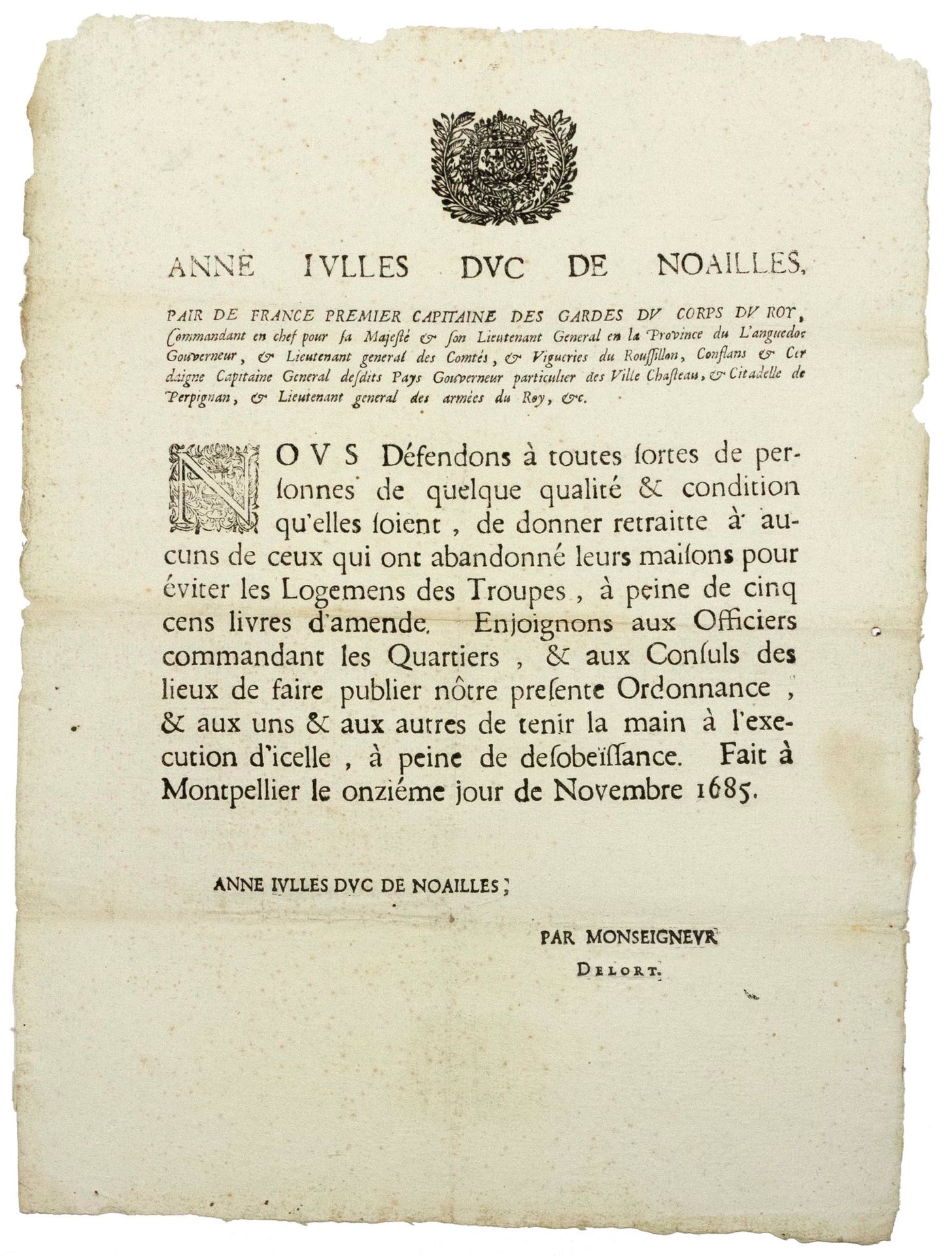 Null LANGUEDOC. 1685. "Anne Jules Duc de NOAILLES Peer of France, Erster Hauptma&hellip;