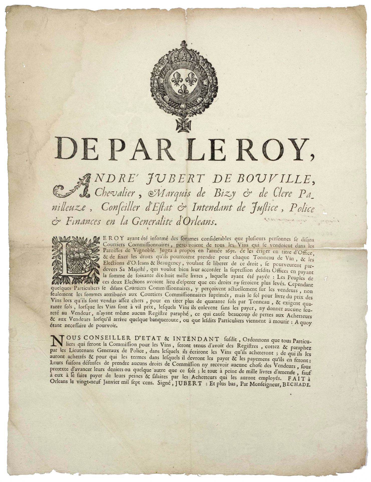 Null LOIRET。1700.ORLÉANS(45)和BEAUGENCY选举的酒商 - 由国王路易十四，骑士André JUBERT DE BOUVILLE&hellip;
