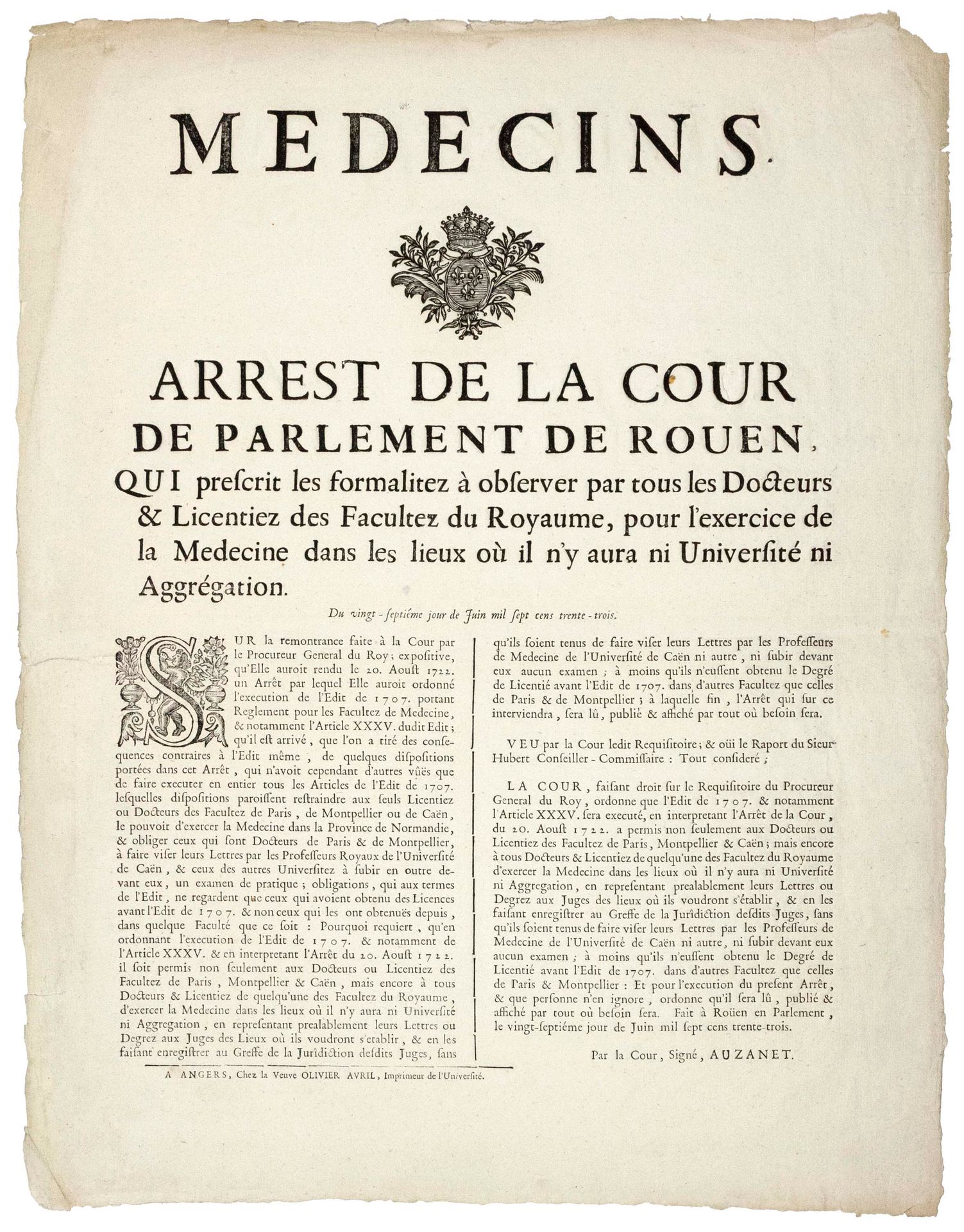 Null "DOCTORES" (Título). 1733. "Arrest de la Cour de PARLEMENT DE ROUEN, qui pr&hellip;
