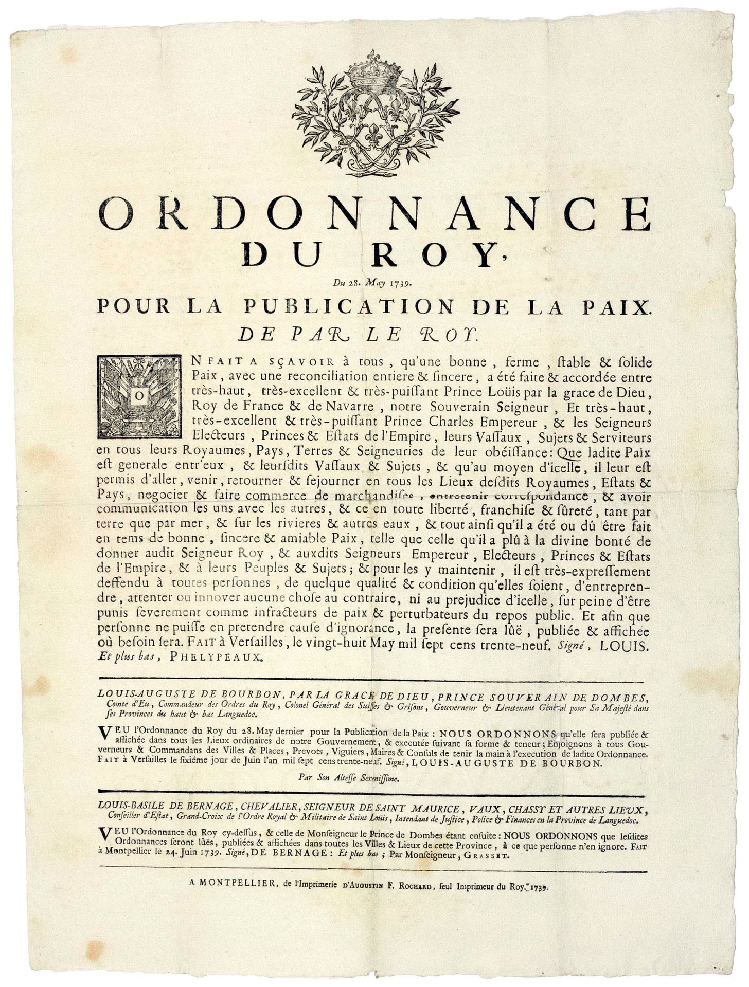 Null LANGUEDOC. 1739. PUBBLICAZIONE DELLA PACE tra LOUIS XV e l'imperatore CHARL&hellip;