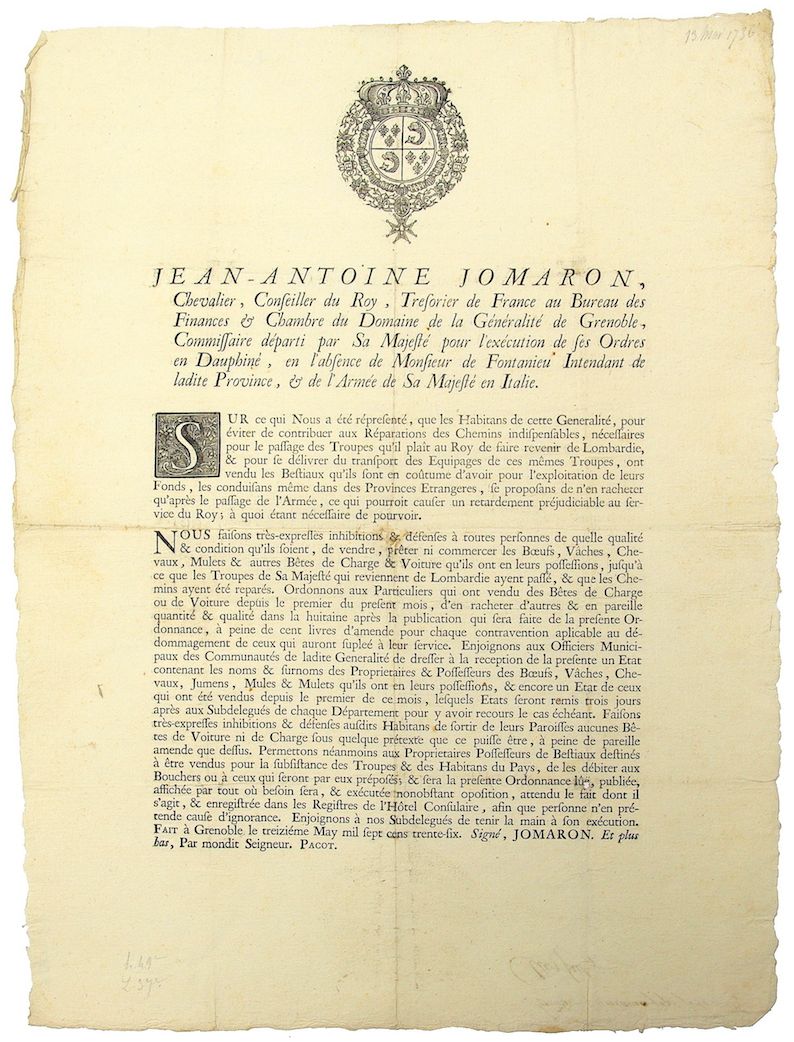 Null DAUPHINÉ. 1736. - “Jean Antoine JOMARON, Chevalier, Conseiller du Roi,... C&hellip;