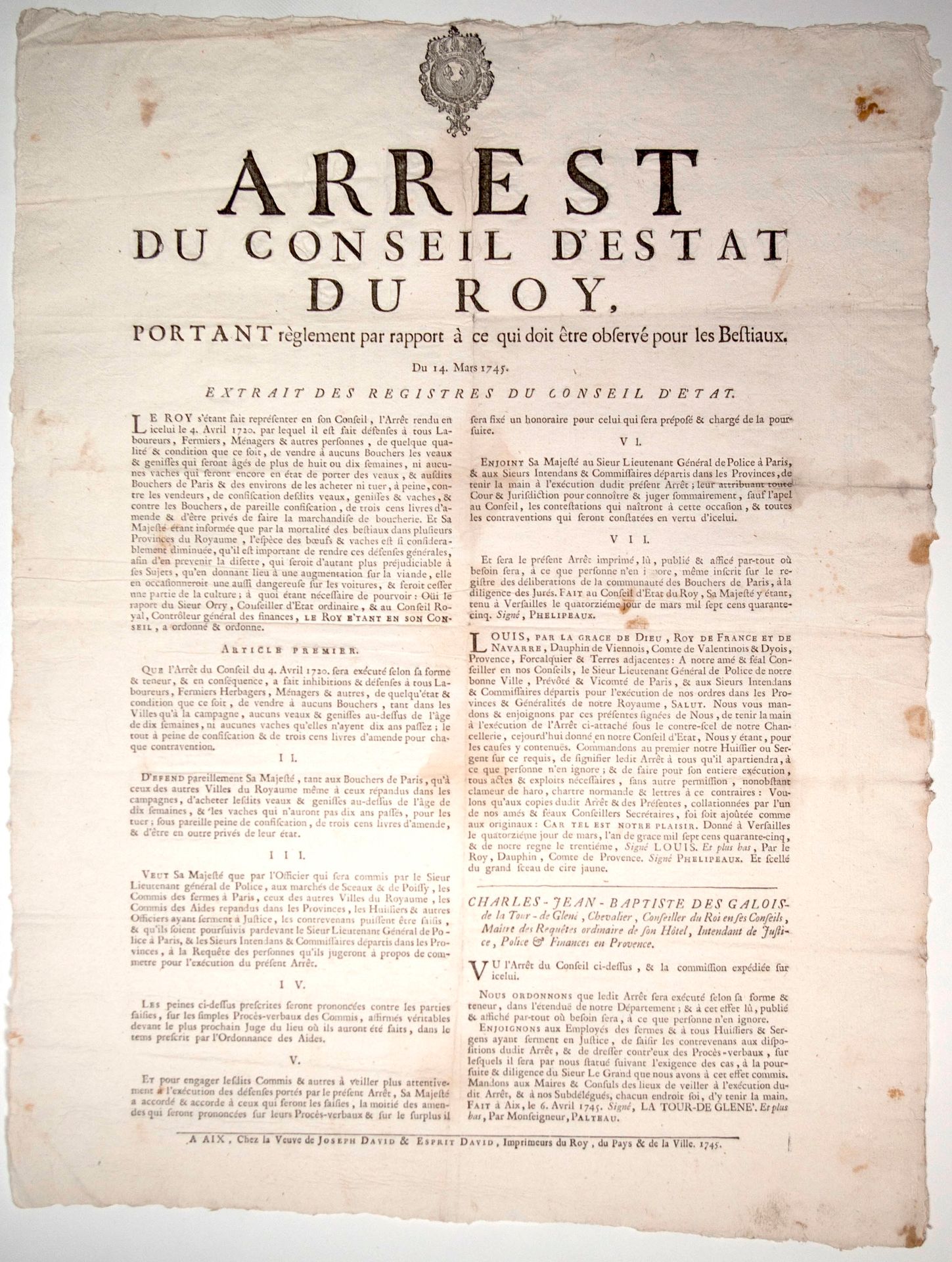 Null PROVENCE. 1745. BOUCHERIE. "Arrest du Conseil d'Estat du Roy, portant règle&hellip;
