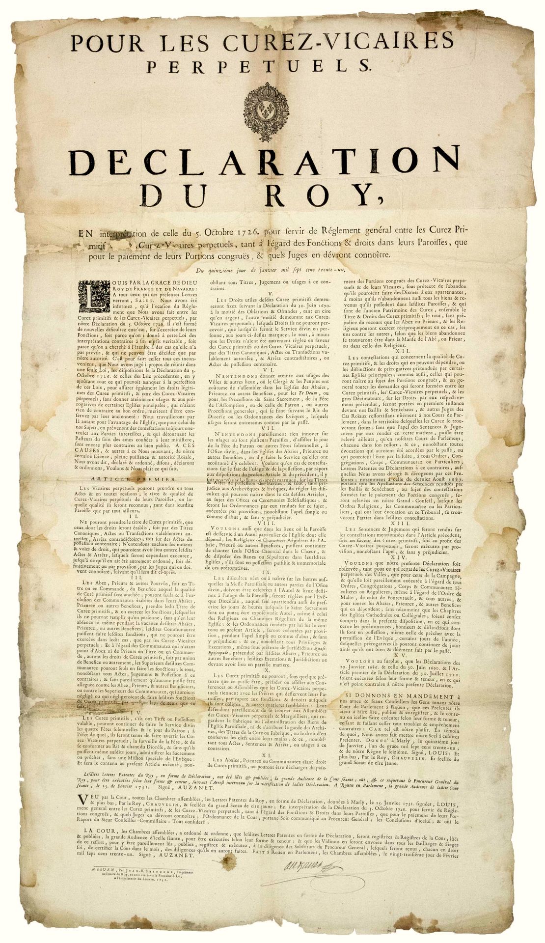 Null 罗马尼亚议会。1731.条例》规定："为永久保存人"。"卢瓦第十五国王的声明，对1726年10月5日的声明进行了解释，作为原始牧师和永久执事之间的规定&hellip;