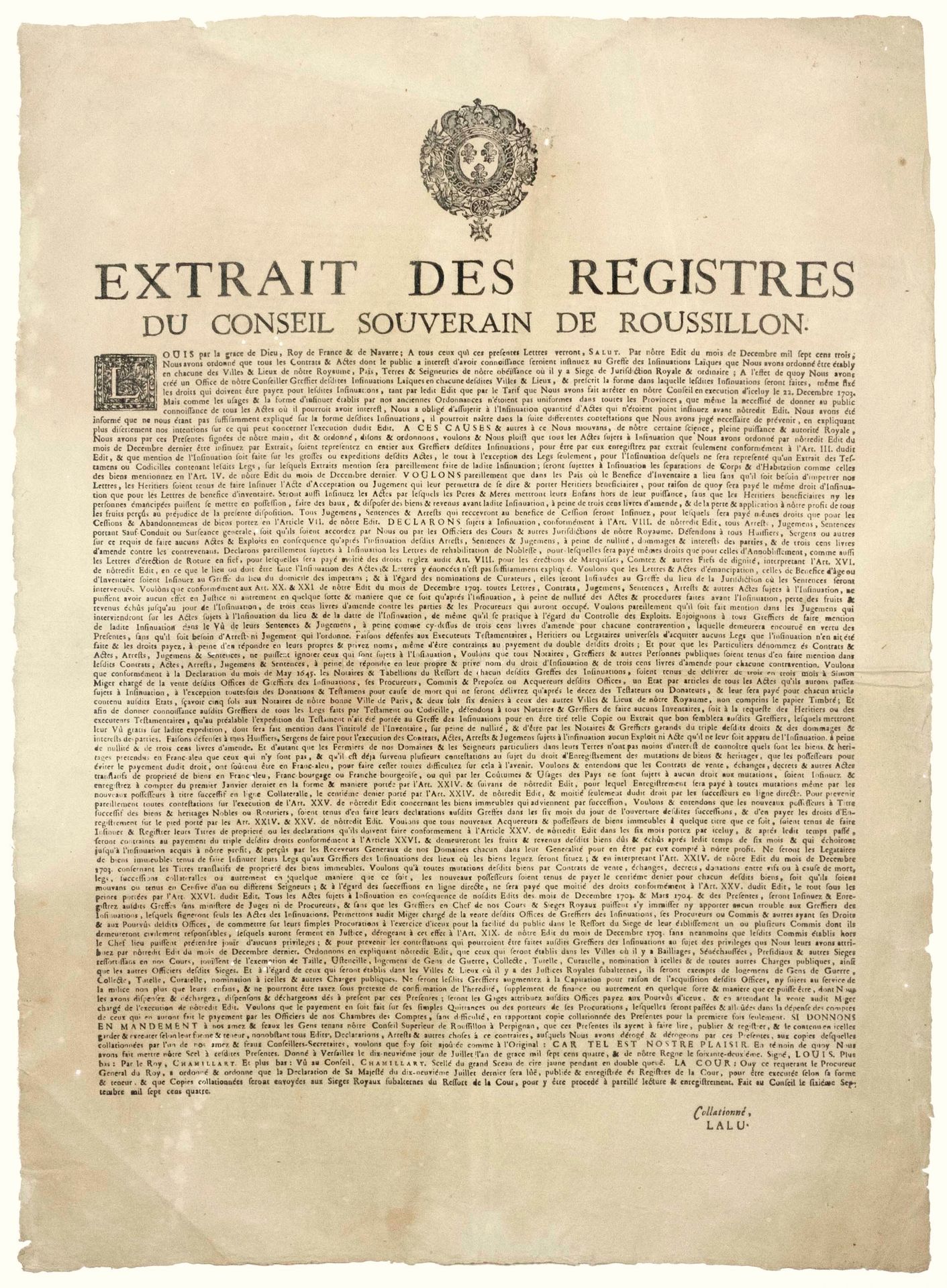 Null ROUSSILLON. 1704. "Estratto dai Registri del CONSEIL SOUVERAIN du ROUSSILLO&hellip;