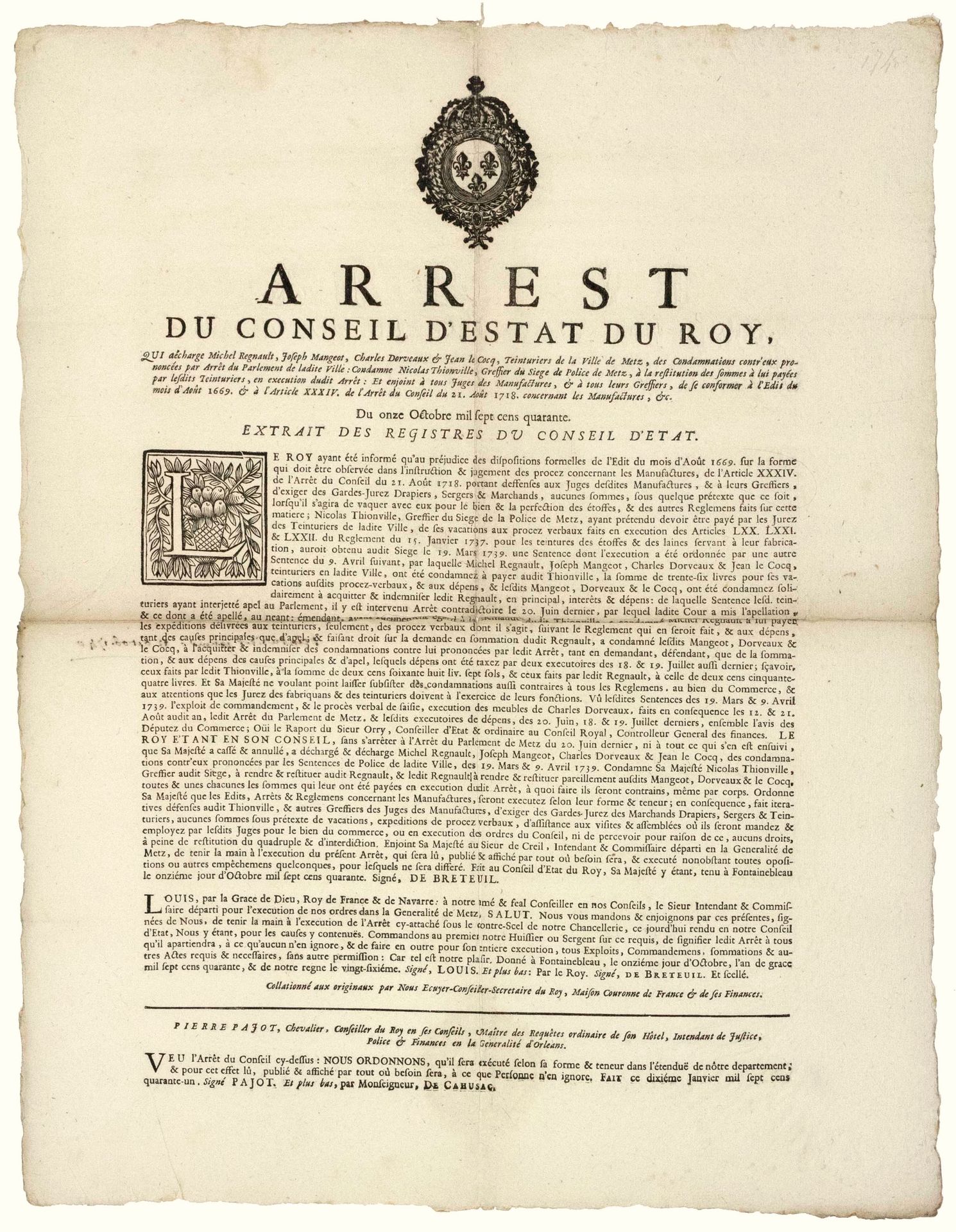 Null 梅兹（57）。1741.制造。(LOIRET)。"国王政务院的逮捕令，解除了梅兹市染匠Michel Regnault、Joseph DORVEAUX和&hellip;