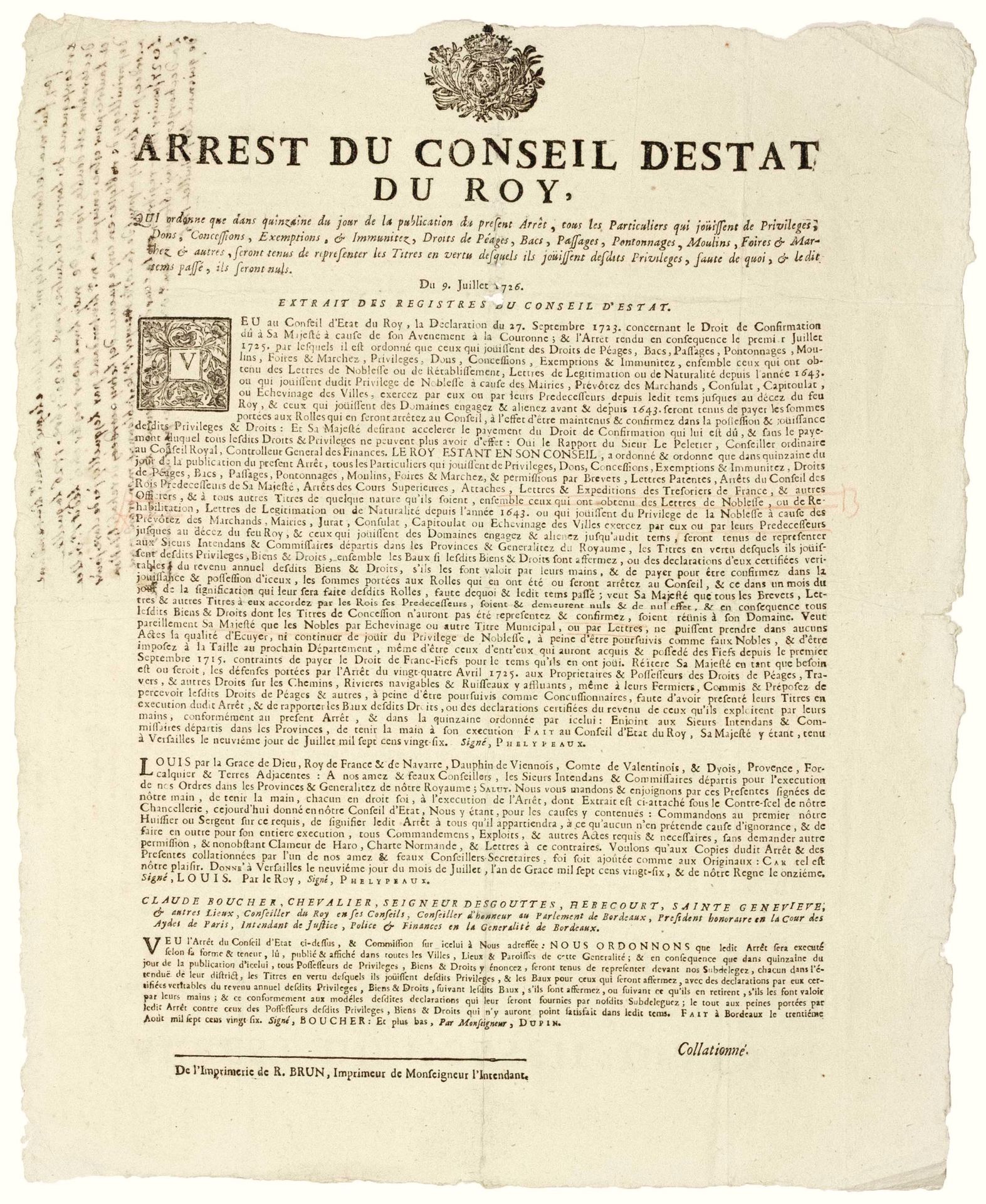 Null Generality of BORDEAUX (33). 1726. PRIVILEGES OF THE RIGHTS OF TOLLS. Arres&hellip;