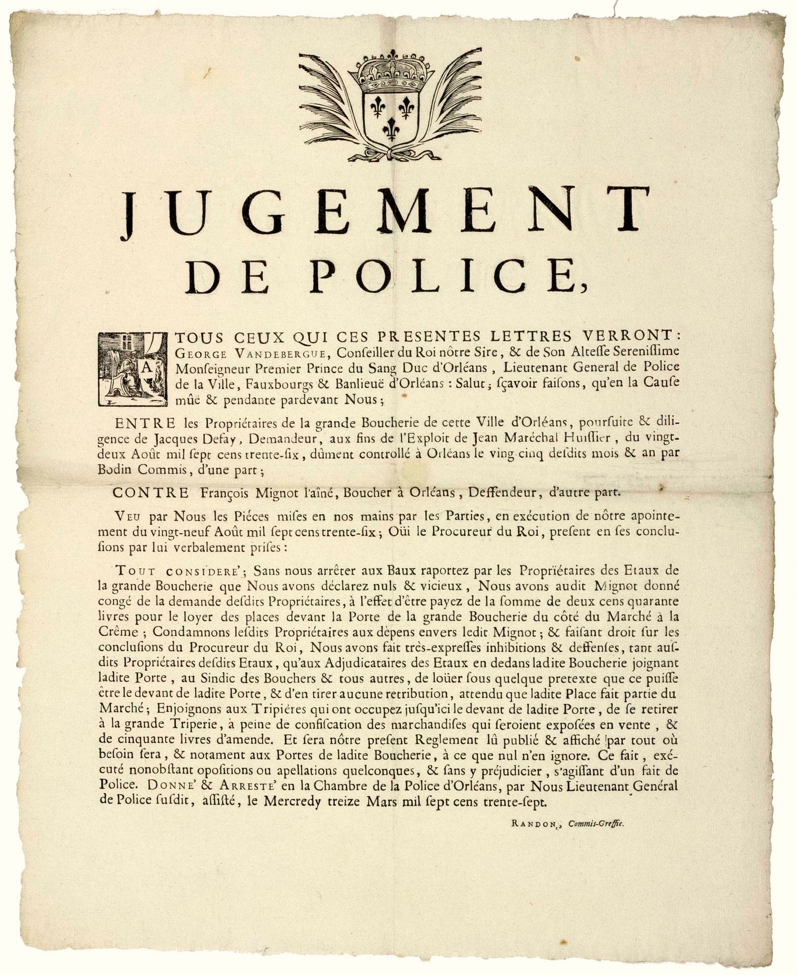 Null LOIRET. 1737. THE GREAT BUTCHER SHOP OF ORLEANS (45). "Judgment of Police, &hellip;