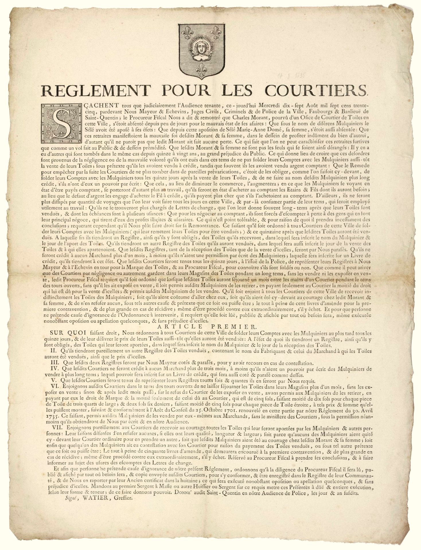 Null AISNE. 1735. ST QUENTIN. COURTIER EN TOILES. “RÈGLEMENT POUR LES COURTIERS.&hellip;
